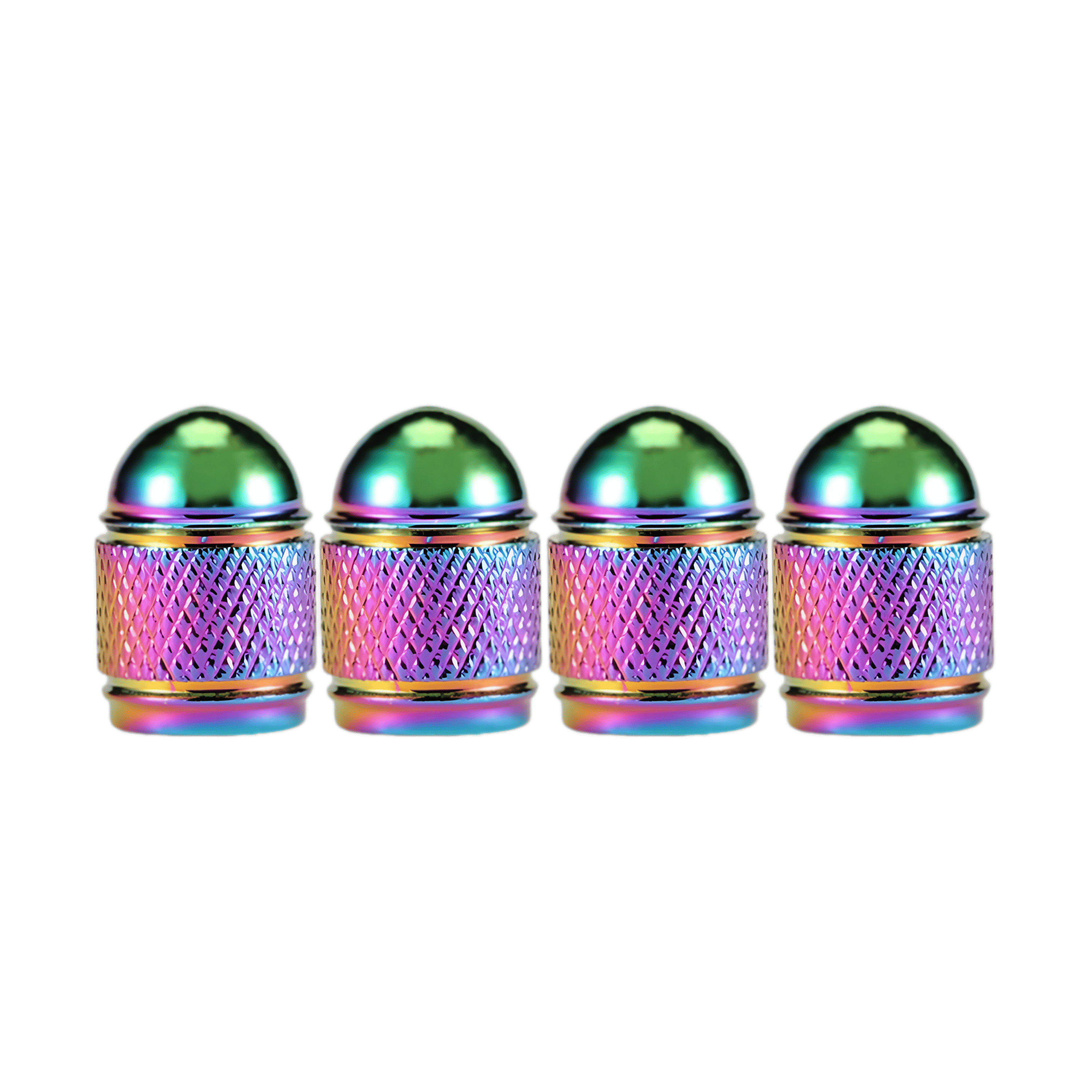 A set of four dome-shaped tire valve caps with a knurled grip texture and a neo chrome finish for style and protection.