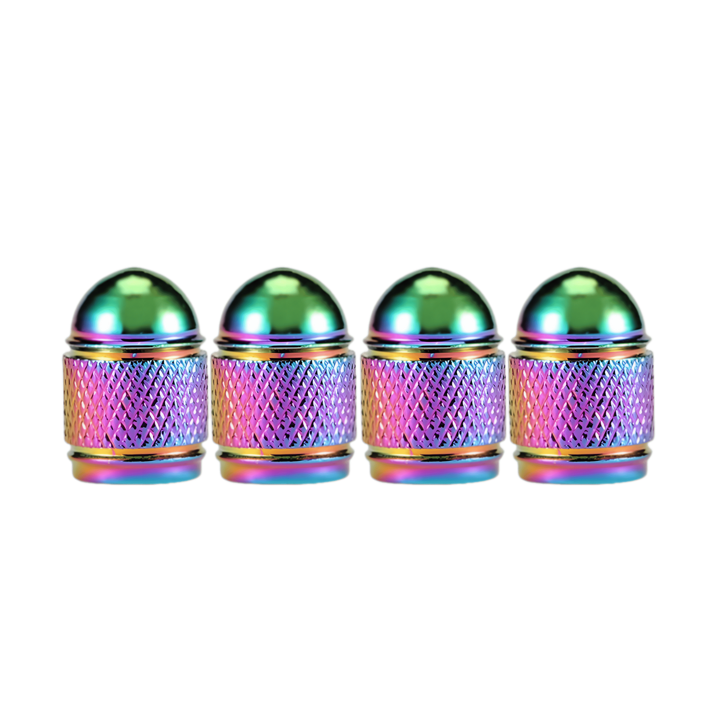 A set of four dome-shaped tire valve caps with a knurled grip texture and a neo chrome finish for style and protection.