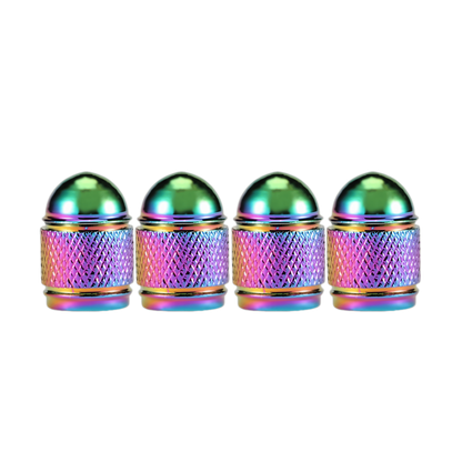 A set of four dome-shaped tire valve caps with a knurled grip texture and a neo chrome finish for style and protection.