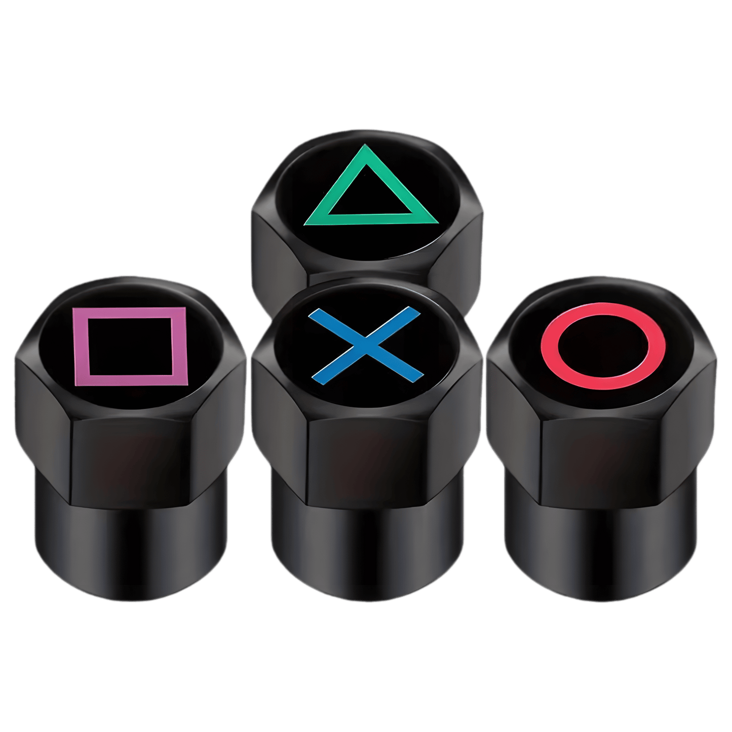A set of four black aluminum tire valve caps featuring gaming-inspired button symbols: green triangle, red circle, blue X, and pink square. These durable and stylish valve caps are designed for cars, motorcycles, bicycles, and other vehicles, offering dustproof and leak-proof protection with a unique gamer aesthetic.