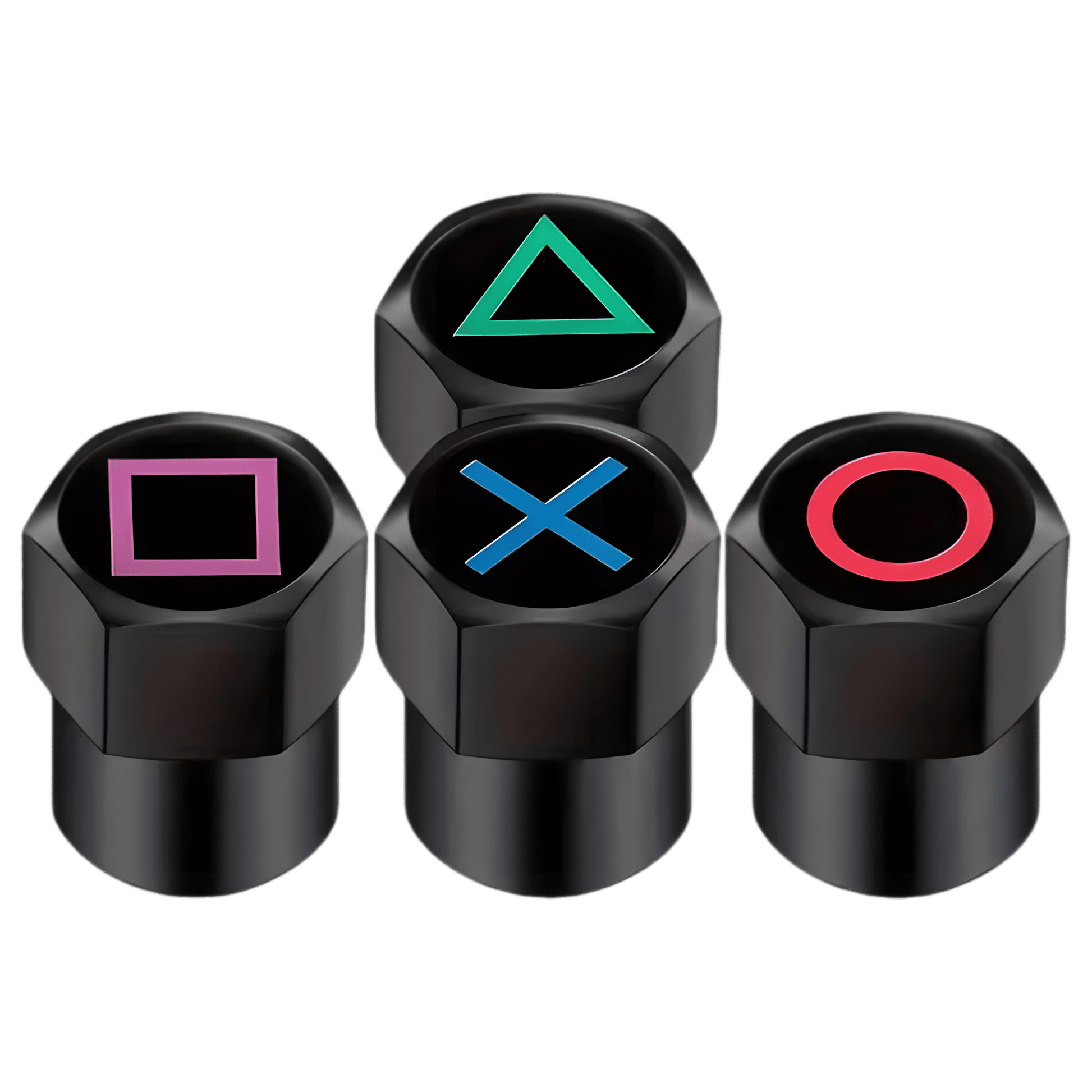 A set of four black aluminum tire valve caps featuring gaming-inspired button symbols: green triangle, red circle, blue X, and pink square. These durable and stylish valve caps are designed for cars, motorcycles, bicycles, and other vehicles, offering dustproof and leak-proof protection with a unique gamer aesthetic.