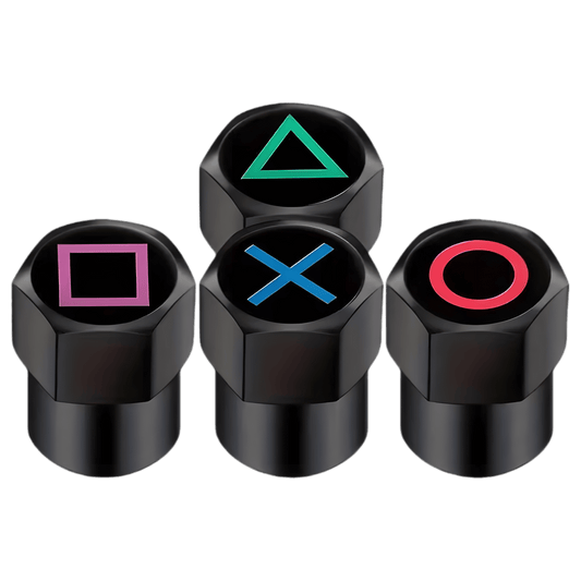 A set of four black aluminum tire valve caps featuring gaming-inspired button symbols: green triangle, red circle, blue X, and pink square. These durable and stylish valve caps are designed for cars, motorcycles, bicycles, and other vehicles, offering dustproof and leak-proof protection with a unique gamer aesthetic.