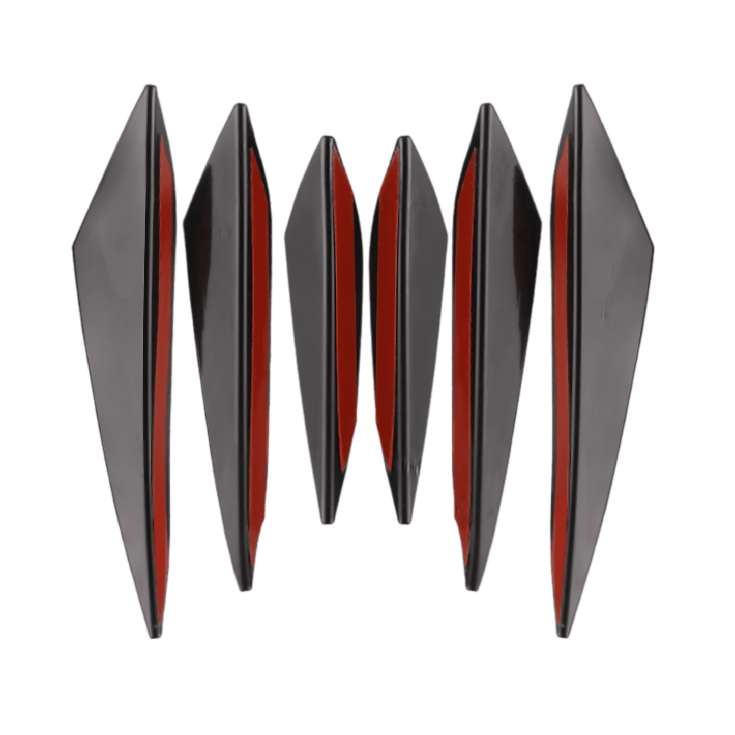 A 6-piece set of gloss black rear bumper diffuser fins with red adhesive backing for easy installation. Designed to enhance a car’s aerodynamics and provide a sporty, aggressive appearance, these fins are made from high-quality ABS plastic for durability and performance.