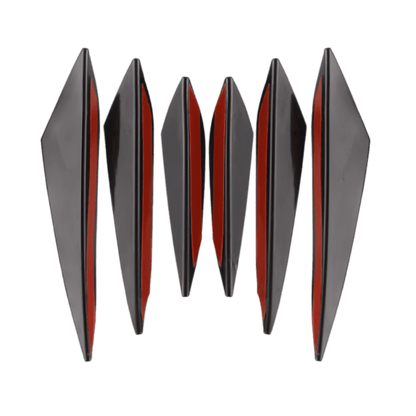 A 6-piece set of gloss black rear bumper diffuser fins with red adhesive backing for easy installation. Designed to enhance a car’s aerodynamics and provide a sporty, aggressive appearance, these fins are made from high-quality ABS plastic for durability and performance.