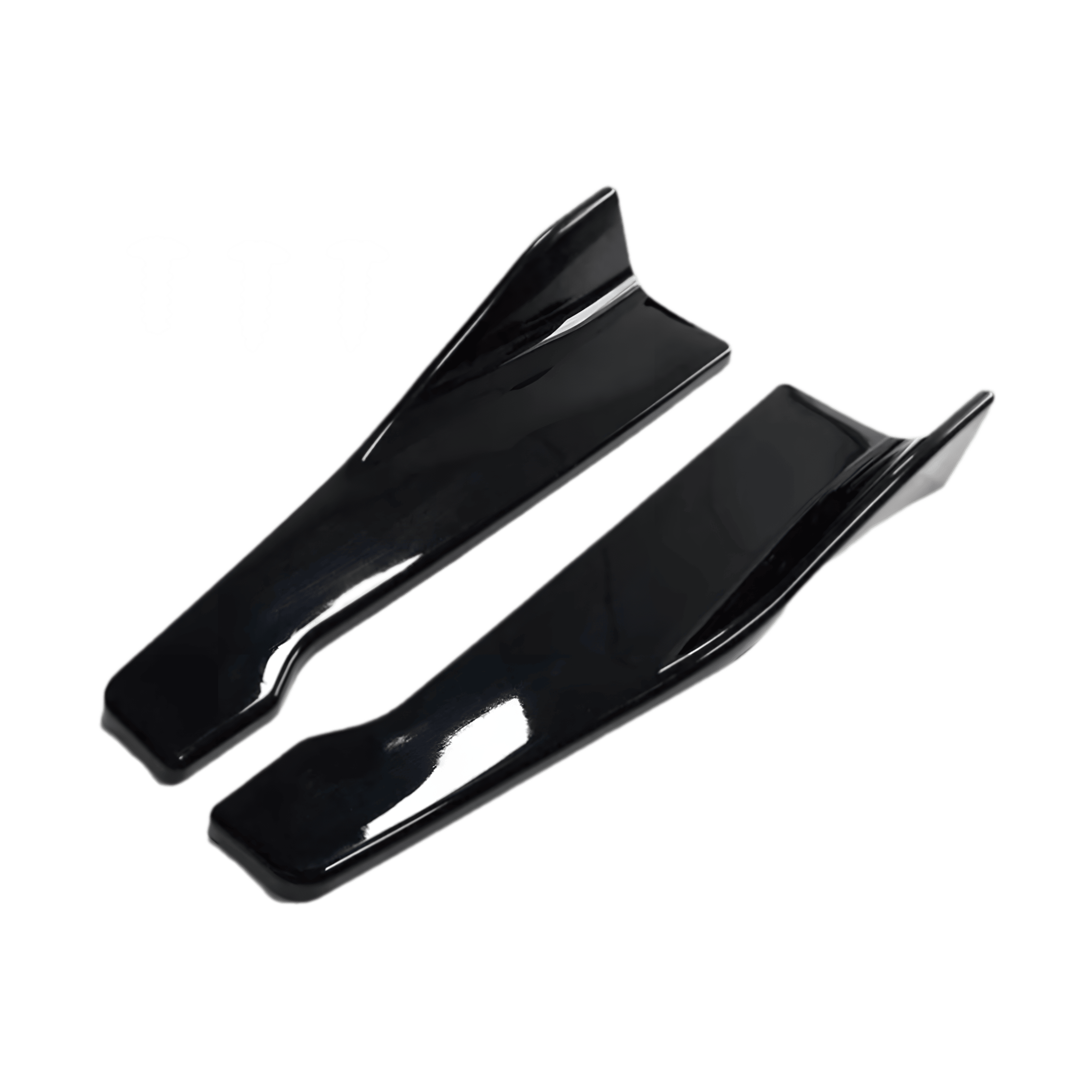 A pair of gloss black rear side skirt extensions, featuring a sleek aerodynamic design with a high-gloss finish. Constructed from durable ABS plastic, these splitters enhance a vehicle’s sporty look and airflow efficiency, providing a performance-inspired upgrade.