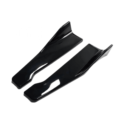 A pair of gloss black rear side skirt extensions, featuring a sleek aerodynamic design with a high-gloss finish. Constructed from durable ABS plastic, these splitters enhance a vehicle’s sporty look and airflow efficiency, providing a performance-inspired upgrade.