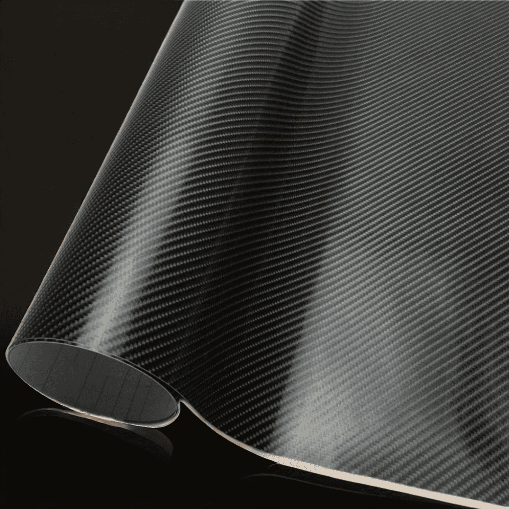 A roll of ChroMorpher glossy black carbon fiber vinyl wrap, featuring a high-gloss finish with a detailed 3D carbon fiber texture, perfect for a sleek and modern look on vehicles and various surfaces.
