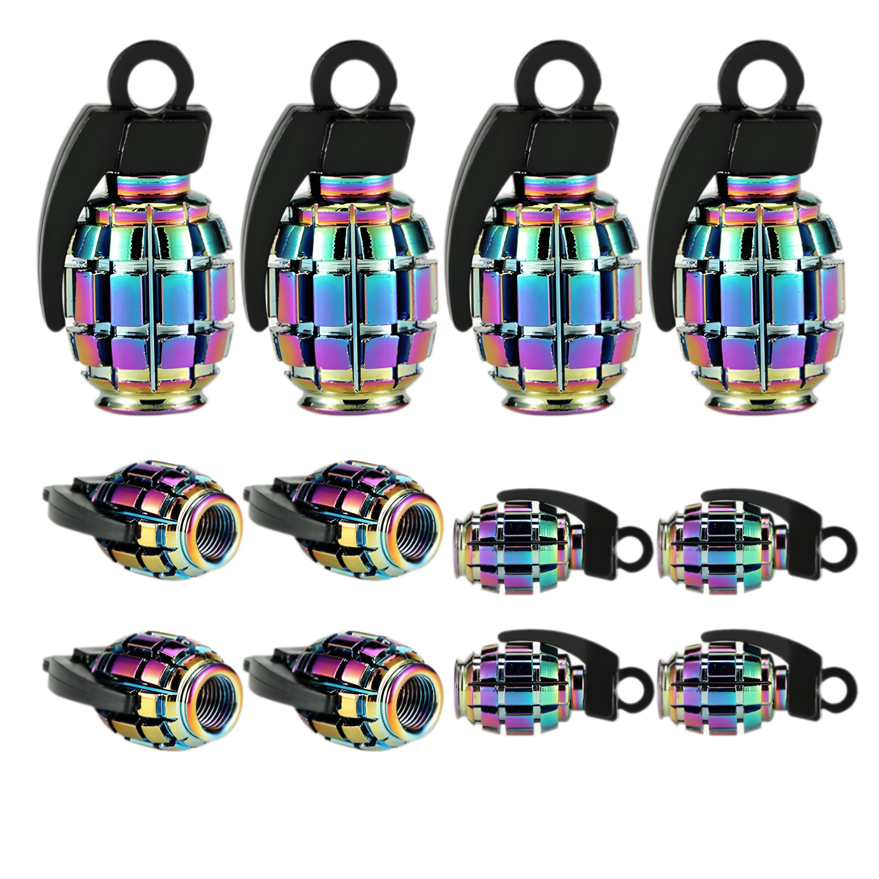 A set of four grenade-shaped neo chrome valve caps, designed for cars, motorcycles, bikes, and trucks. These unique tire valve caps add a bold and stylish look while protecting valve stems from dirt, dust, and corrosion. Made from high-quality aluminum alloy with a multi-color chrome finish for durability and a custom appearance.