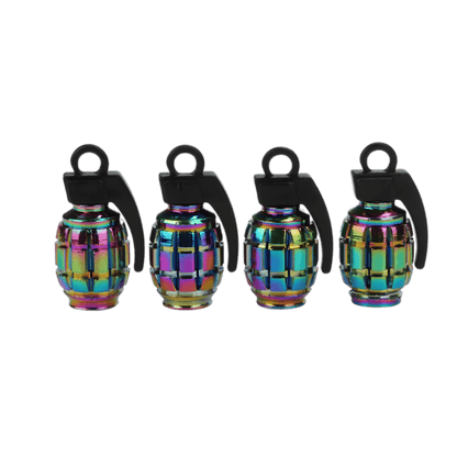 A set of four grenade-shaped tire valve caps with a neo chrome finish and black top handles, designed for style and protection.