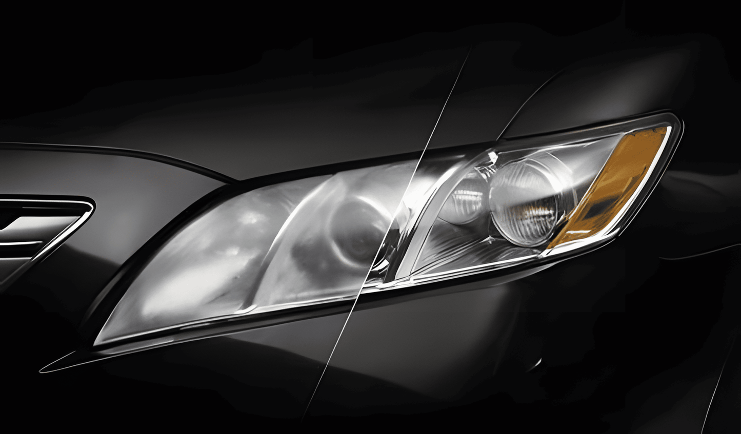 ChroMorpher Headlight Renovation Before and After – Demonstrating the powerful restoration effect of the headlight repair liquid, showcasing a significant improvement in clarity and brightness on a car's headlight.