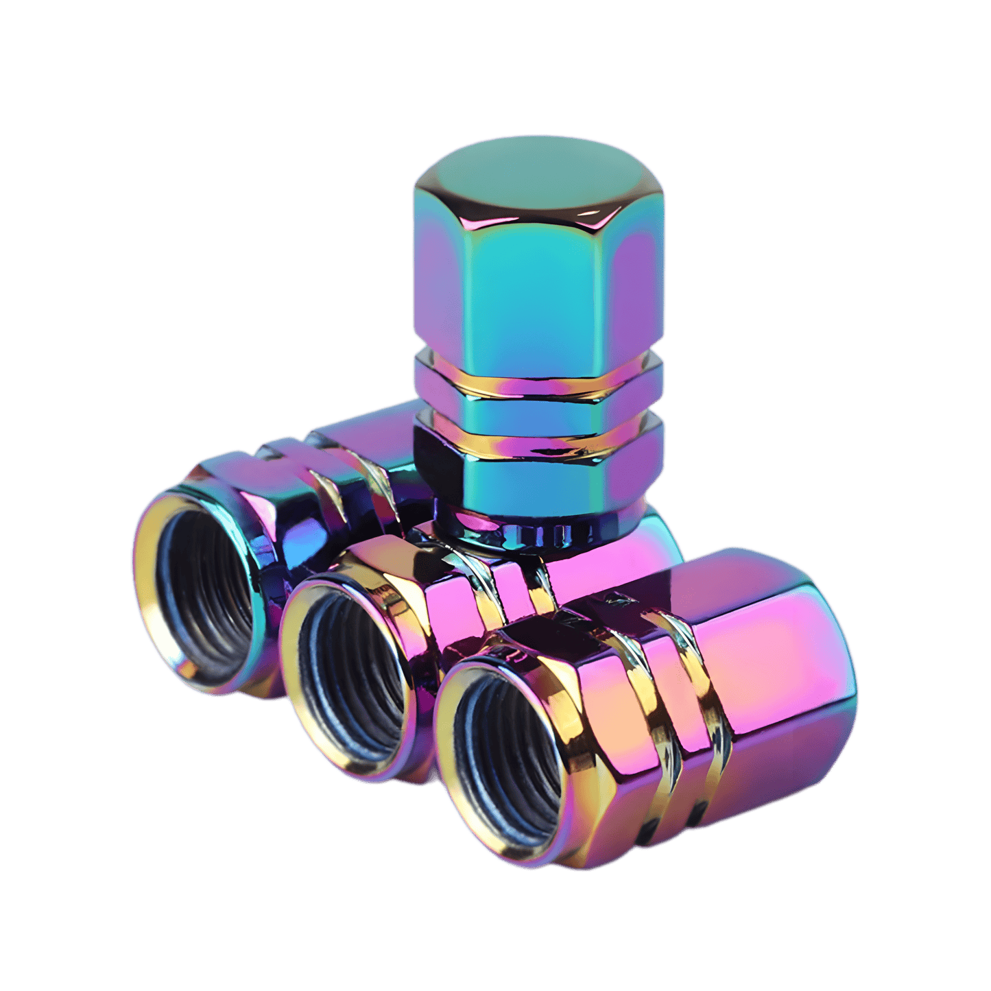 A set of four hexagonal tire valve caps with a bold neo chrome finish, featuring a durable, threaded design for secure fitment.