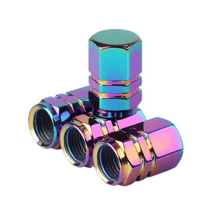 A set of four hexagonal tire valve caps with a bold neo chrome finish, featuring a durable, threaded design for secure fitment.