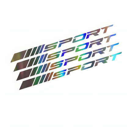 A set of holographic "SPORT" decals featuring a sleek racing-inspired design. The stickers shift colors under different lighting, giving a unique reflective effect. Perfect for upgrading the style of wheel rims, car bodies, or other smooth surfaces.