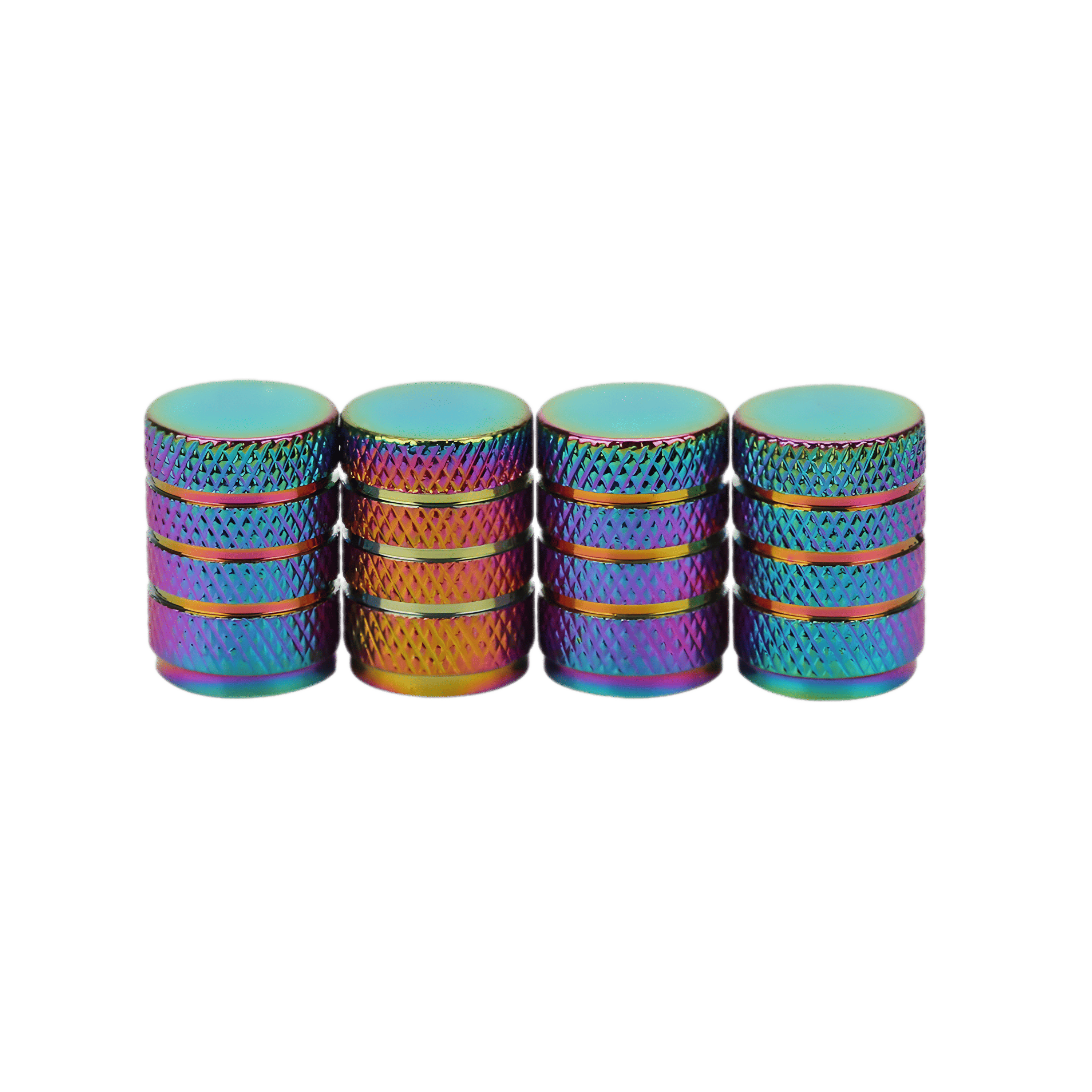 A set of stacked knurled tire valve caps with a vibrant neo chrome finish, offering durability and style.