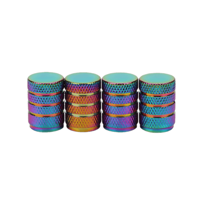 A set of stacked knurled tire valve caps with a vibrant neo chrome finish, offering durability and style.