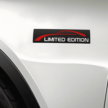 ChroMorpher Limited Edition 3D emblem in black and red, attached to the side of a white car, showcasing a sleek "LIMITED EDITION" badge for an exclusive and premium automotive look.
