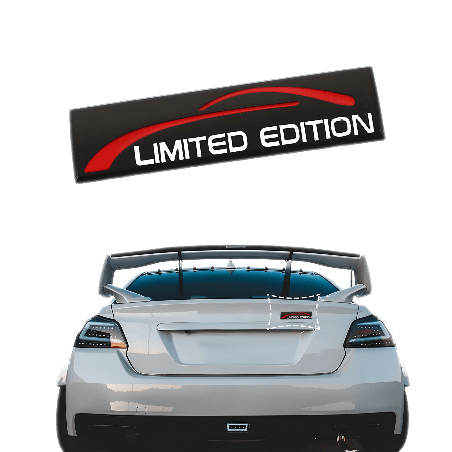 ChroMorpher Limited Edition 3D emblem in black and red, showcasing a sleek and stylish "LIMITED EDITION" badge on the back of a modified car with a large rear spoiler.