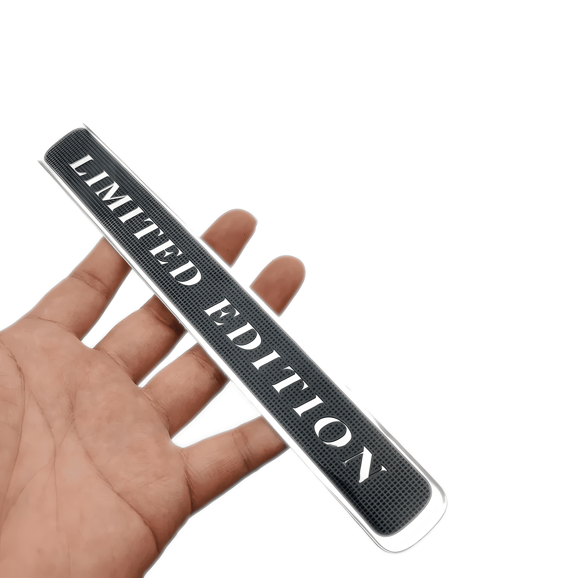 ChroMorpher Limited Edition Emblem held in hand, showing a sleek 3D black and white design for a unique car badge sticker.
