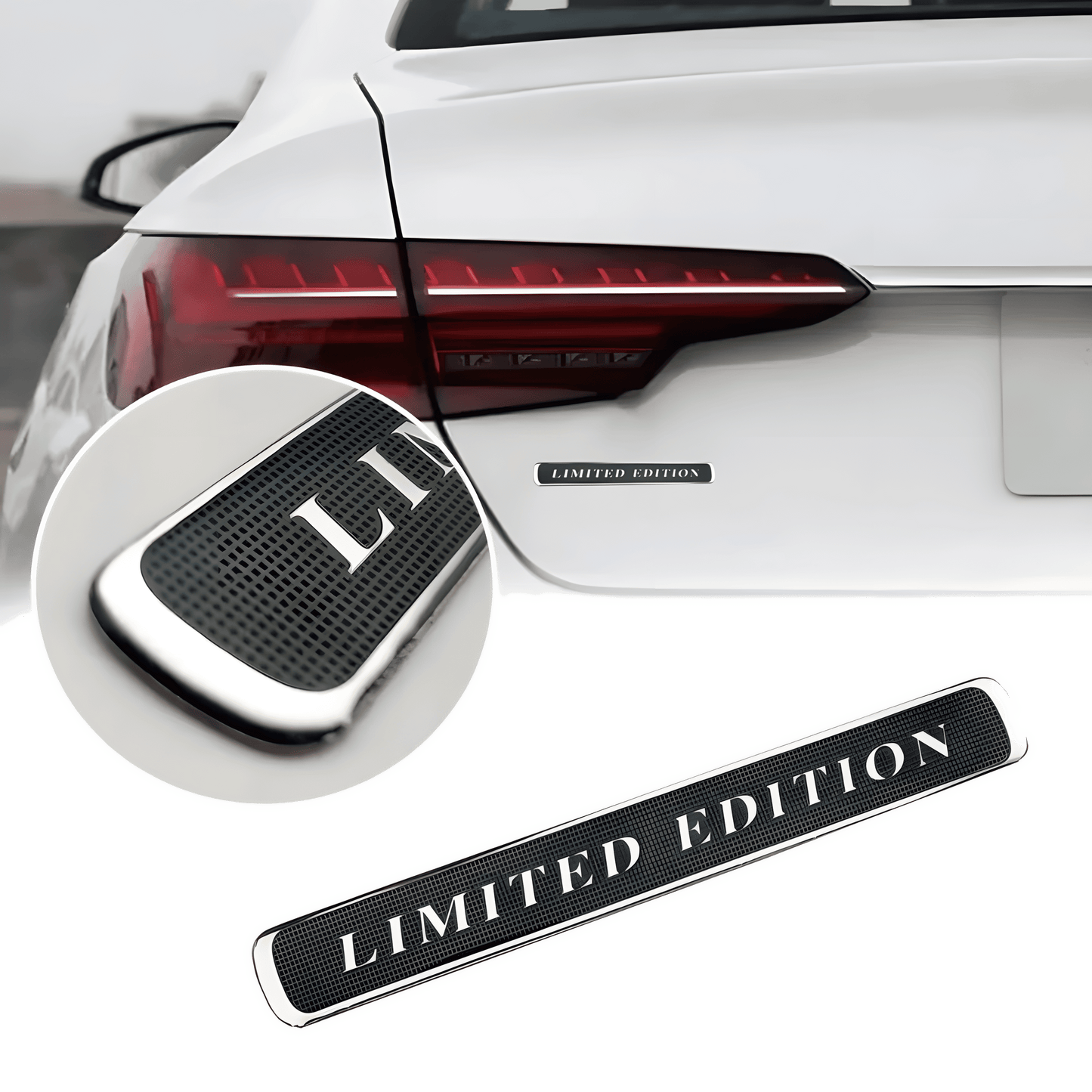 ChroMorpher Limited Edition Emblem car badge sticker applied to the rear of a vehicle, with a close-up showing the sleek black and white design highlighting the "LIMITED EDITION" text.