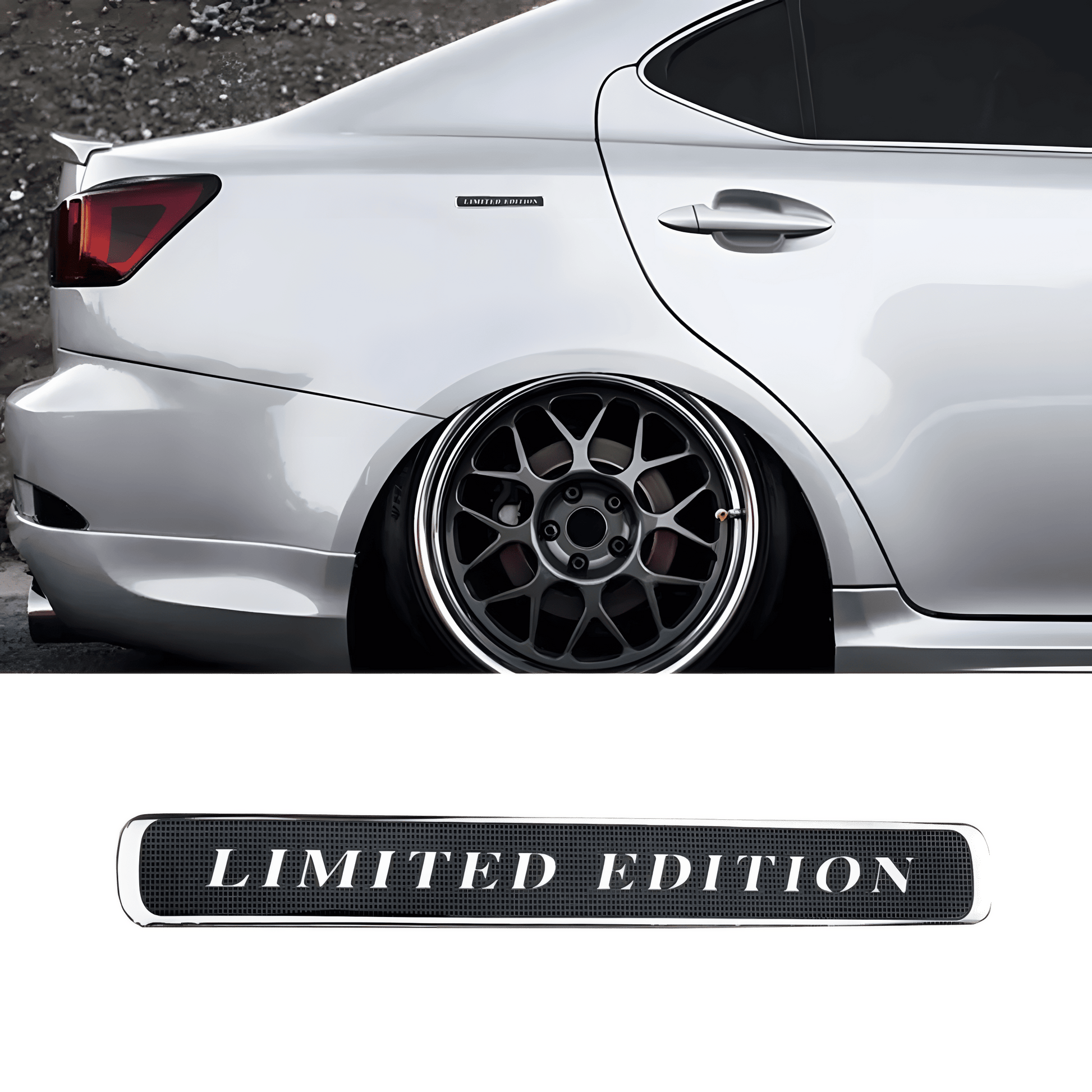 ChroMorpher Limited Edition Emblem car badge sticker installed on the side of a silver vehicle, showing the sleek design and "LIMITED EDITION" text, paired with stylish wheels.