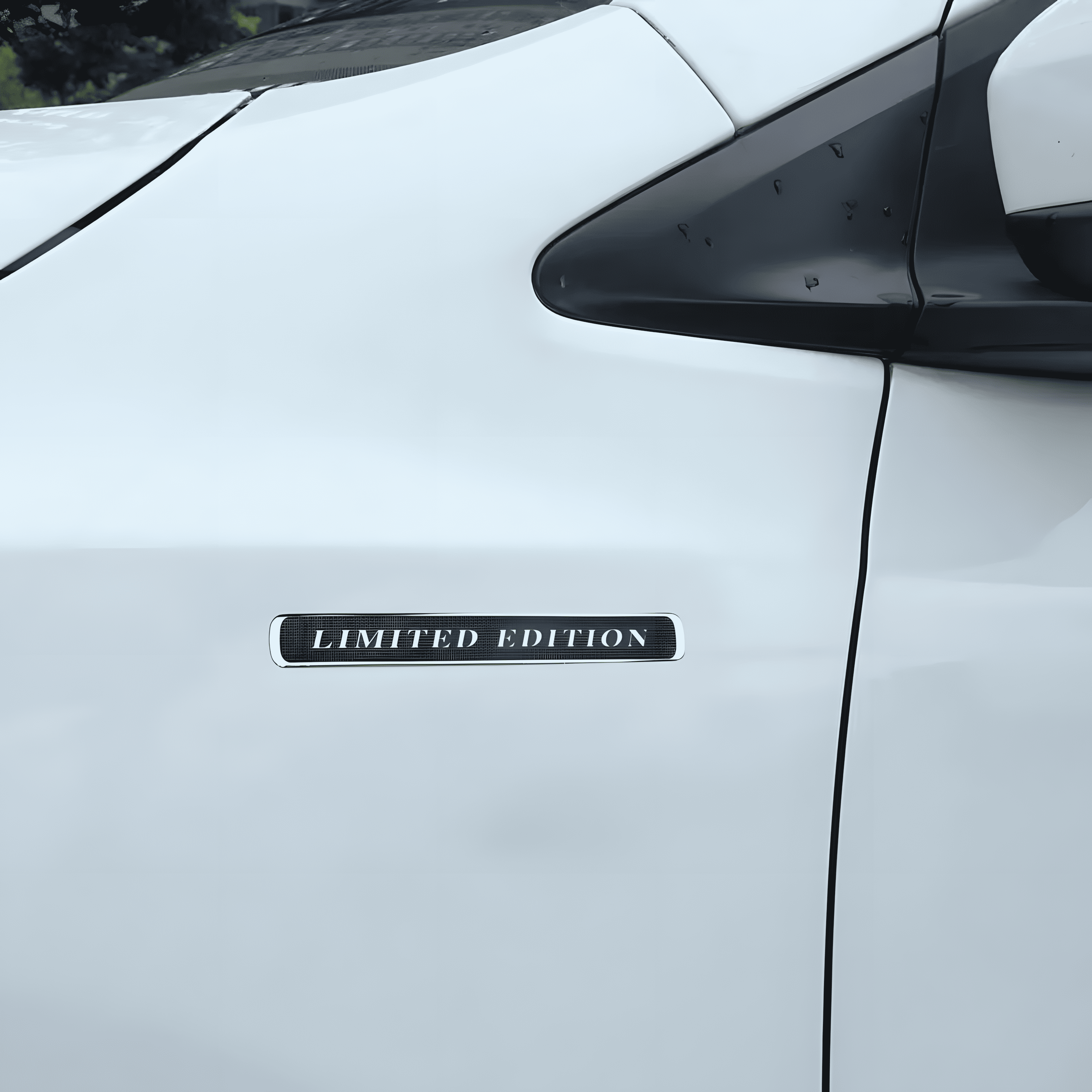 ChroMorpher Limited Edition Emblem car badge sticker installed on the side of a white vehicle, showing the sleek 