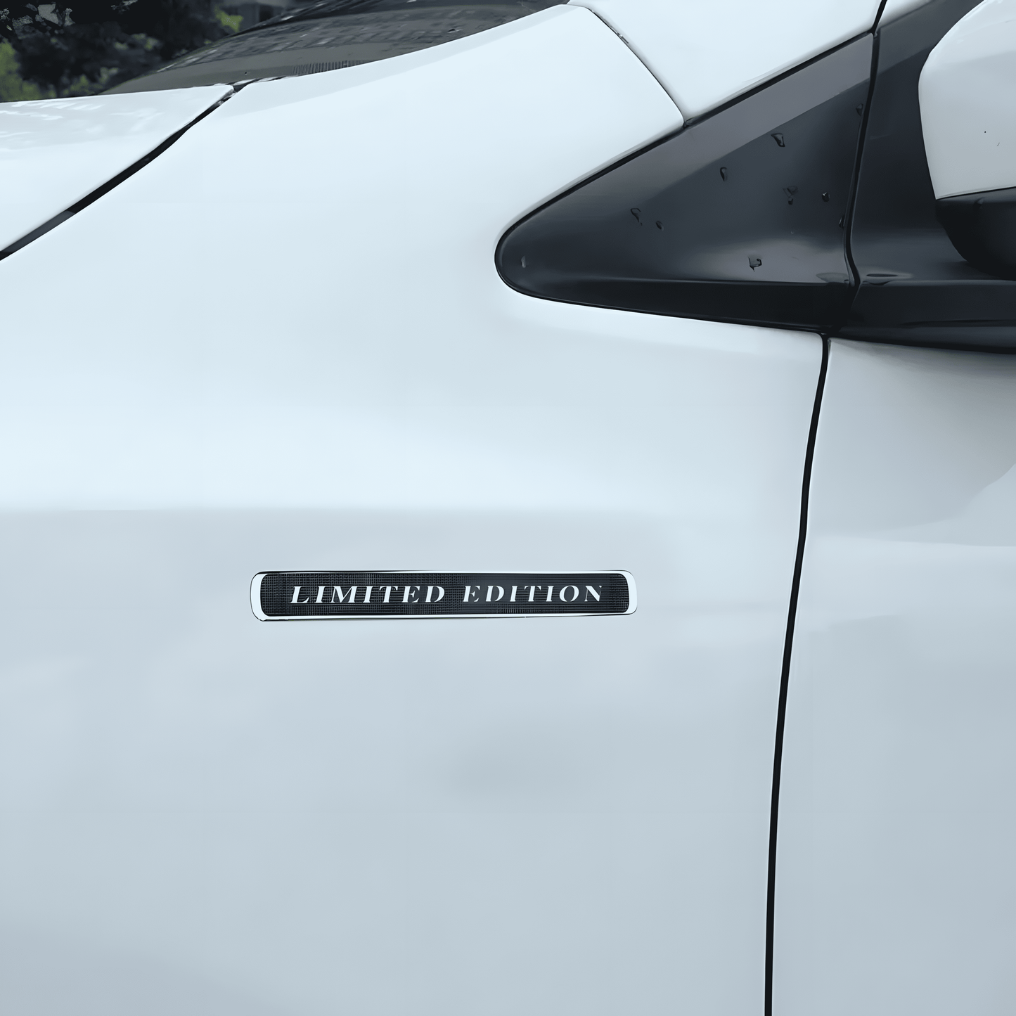 ChroMorpher Limited Edition Emblem car badge sticker installed on the side of a white vehicle, showing the sleek "LIMITED EDITION" text for a high-end, stylish look.