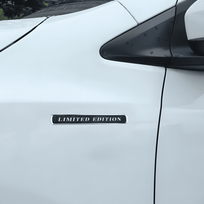 ChroMorpher Limited Edition Emblem car badge sticker installed on the side of a white vehicle, showing the sleek "LIMITED EDITION" text for a high-end, stylish look.