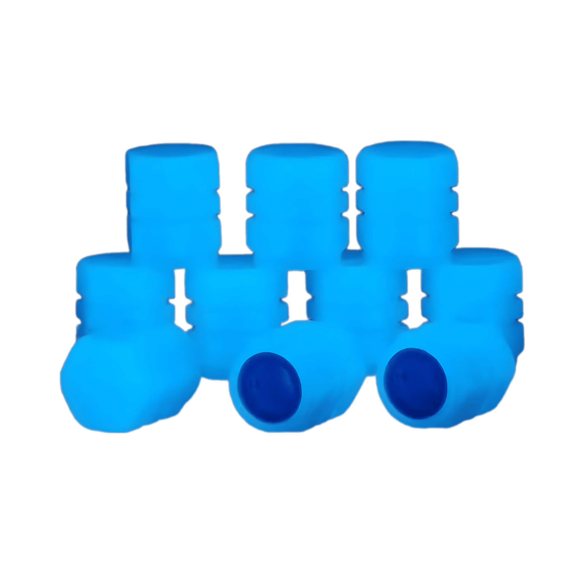 A set of four blue luminous tire valve caps that glow in the dark, enhancing style and visibility.