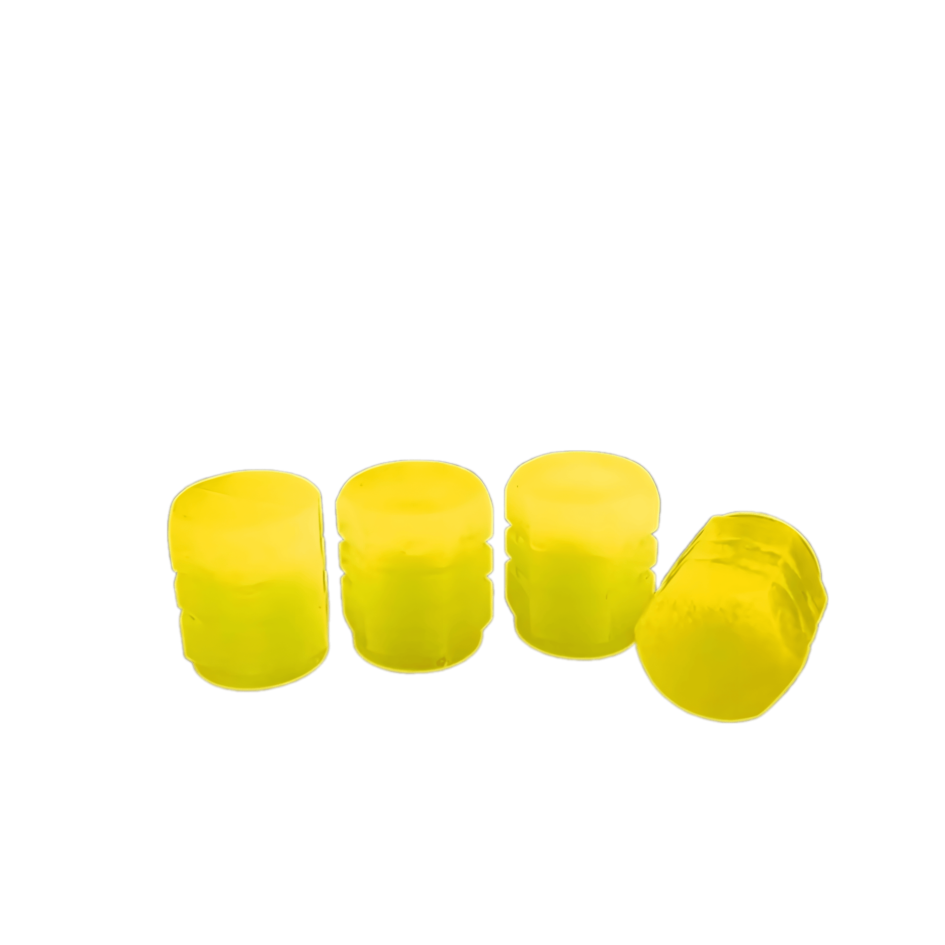 A set of four yellow luminous tire valve caps that glow in the dark, adding visibility and style.