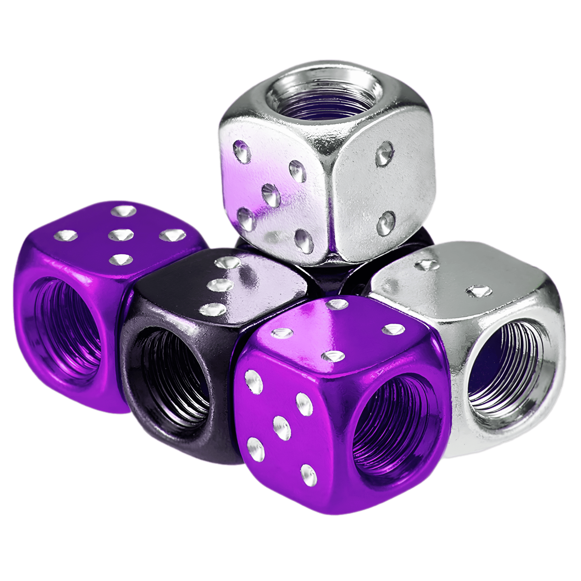 Close-up of purple and silver metallic dice-shaped valve caps for car, truck, motorcycle, and bicycle tires. These stylish and durable valve caps protect valve stems from dust and leaks while adding a unique aesthetic.