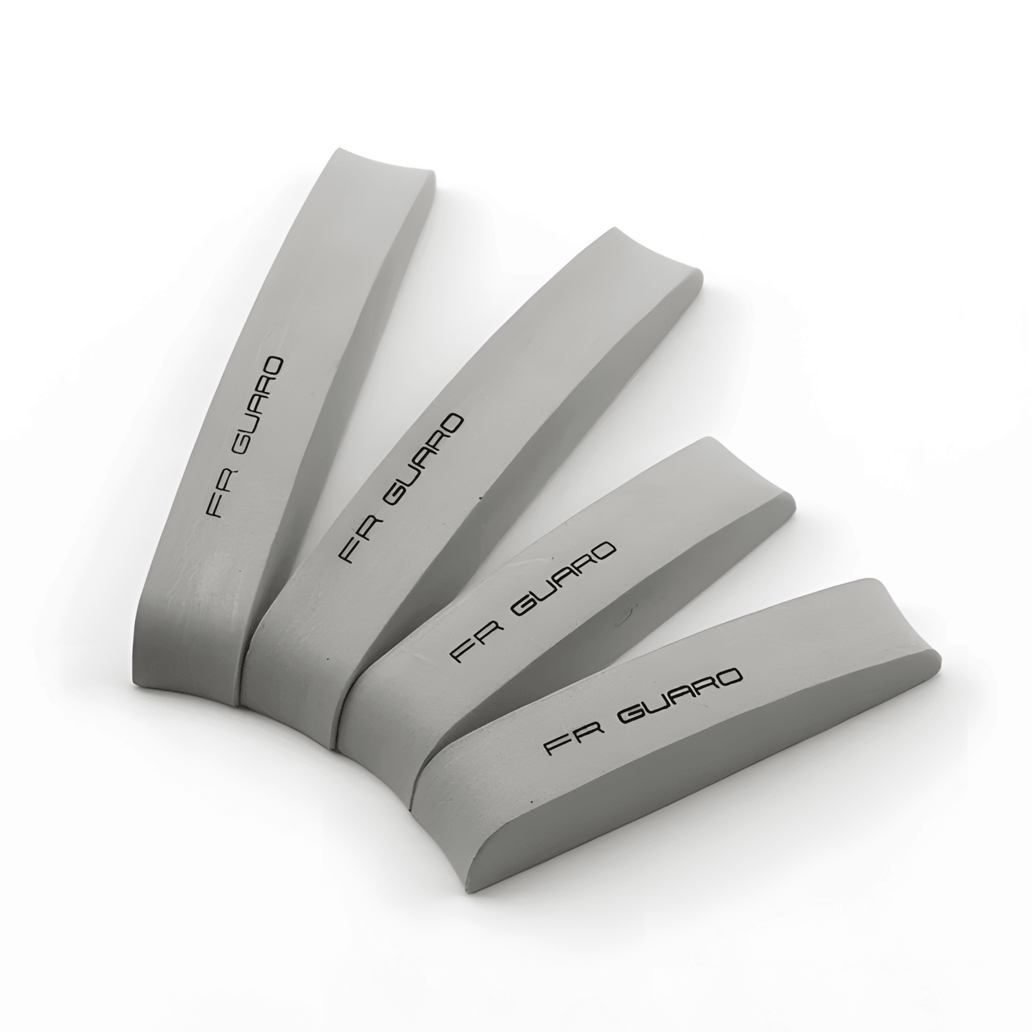 A set of ChroMorpher Protective FR Guard Car Mouldings in grey, featuring a sleek design with "FR GUARD" branding, providing impact protection for vehicle doors and enhancing their aesthetic.