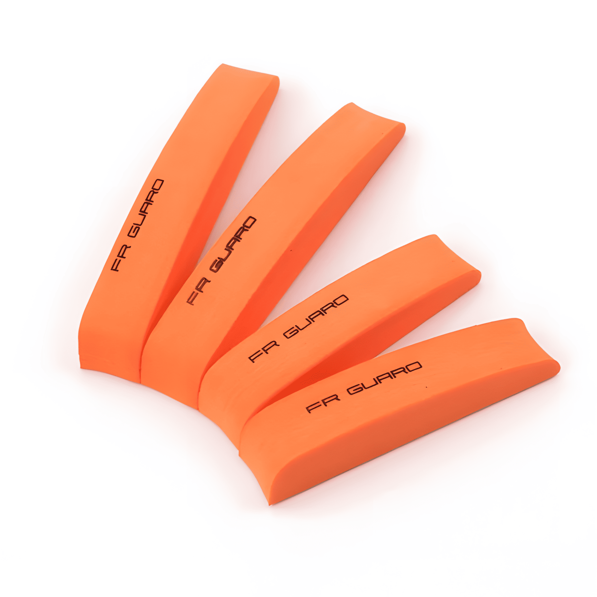 A set of ChroMorpher Protective FR Guard Car Mouldings in bright orange, designed to safeguard vehicle doors from impacts and scratches. The mouldings are marked with the 