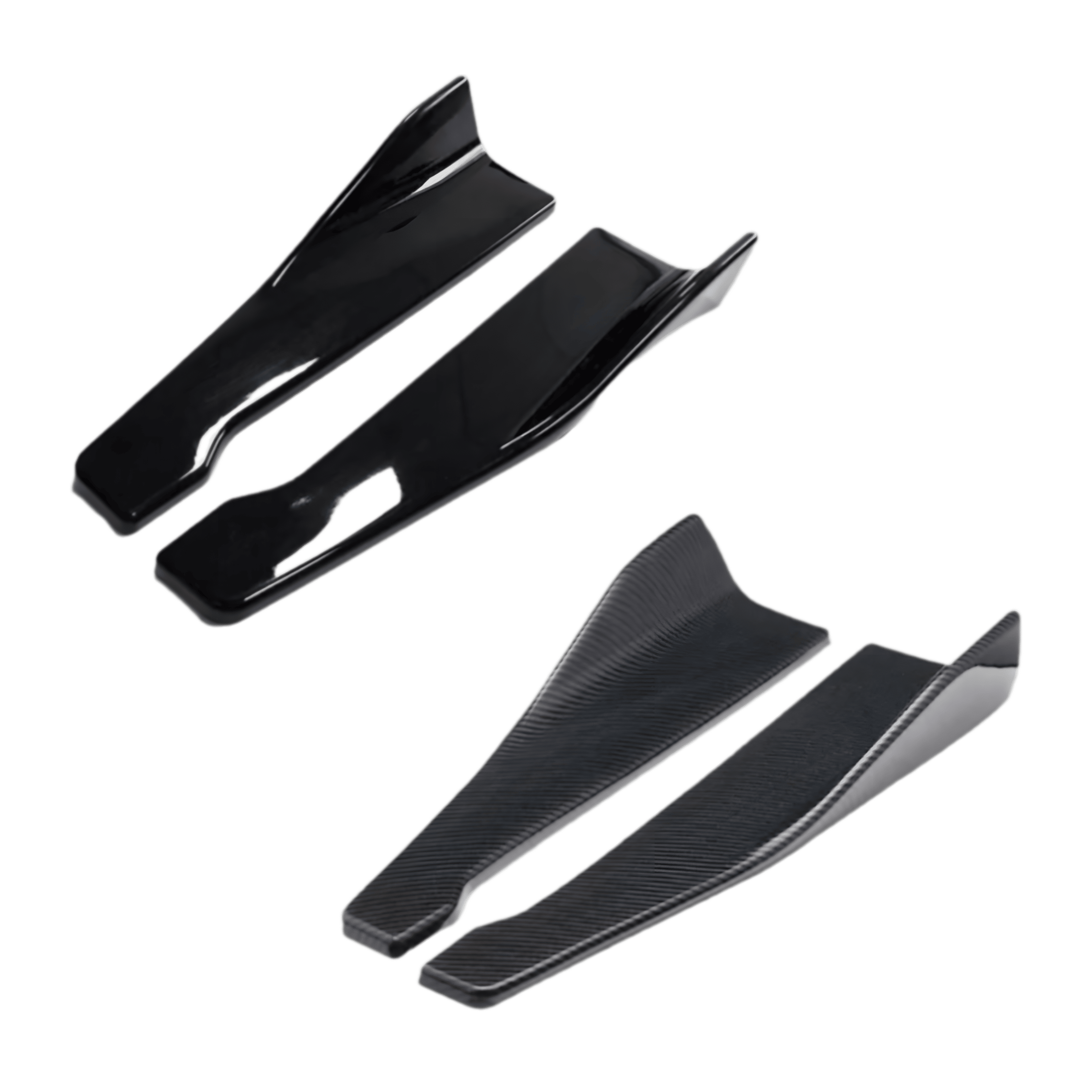 A set of rear side skirt extensions available in gloss black and carbon fiber-style finishes, designed to enhance a vehicle’s aerodynamics and aggressive styling. Made from durable ABS plastic, these universal-fit splitters offer a sporty look while improving airflow and stability.
