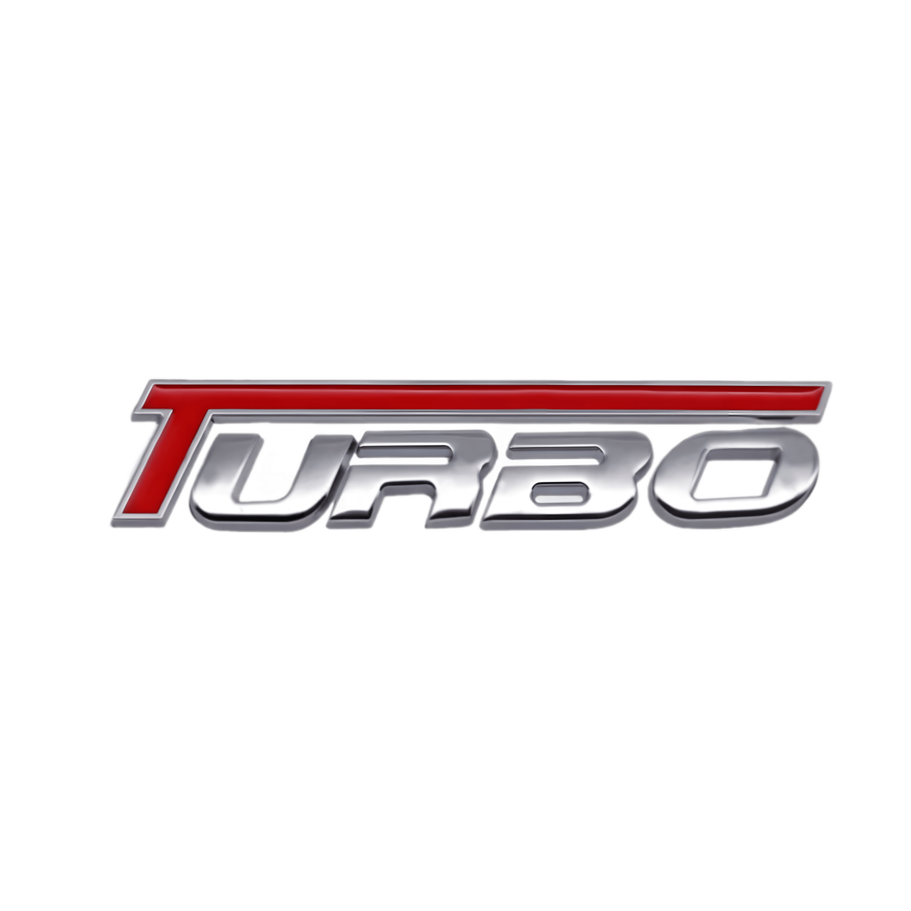 ChroMorpher Red & Silver 3D Turbo Emblem with a bold red stripe and polished silver finish, perfect for enhancing the performance look of your vehicle.