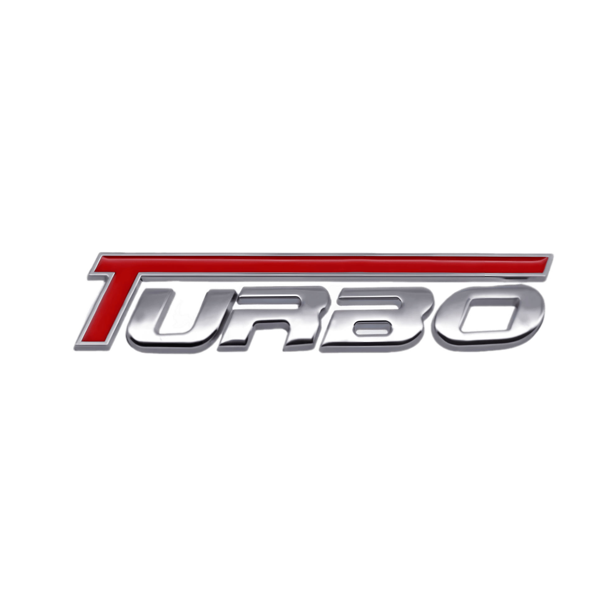 ChroMorpher Red & Silver 3D Turbo Emblem with a bold red stripe and polished silver finish, perfect for enhancing the performance look of your vehicle.