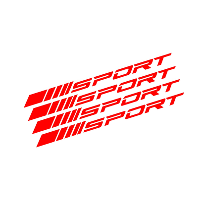 A set of red "SPORT" decals designed for wheel rims, adding a bold and stylish look to cars, motorcycles, and trucks. Made from high-quality vinyl, these weather-resistant stickers enhance the sporty appeal of any vehicle.