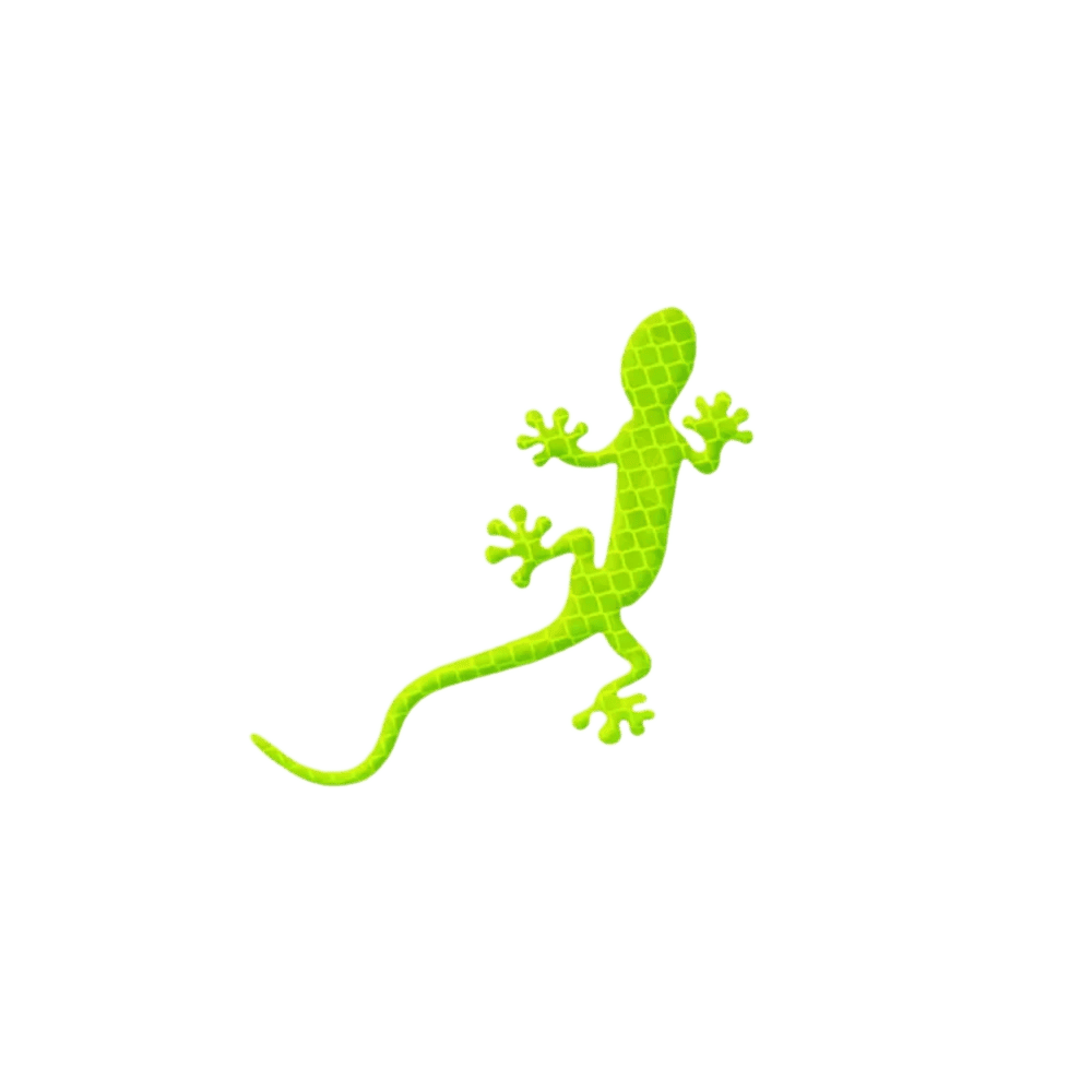 A green reflective gecko car sticker with a textured, high-visibility finish, designed for safety and style. This waterproof, easy-to-apply decal enhances nighttime visibility while adding a unique decorative element to any car, motorcycle, or bicycle.