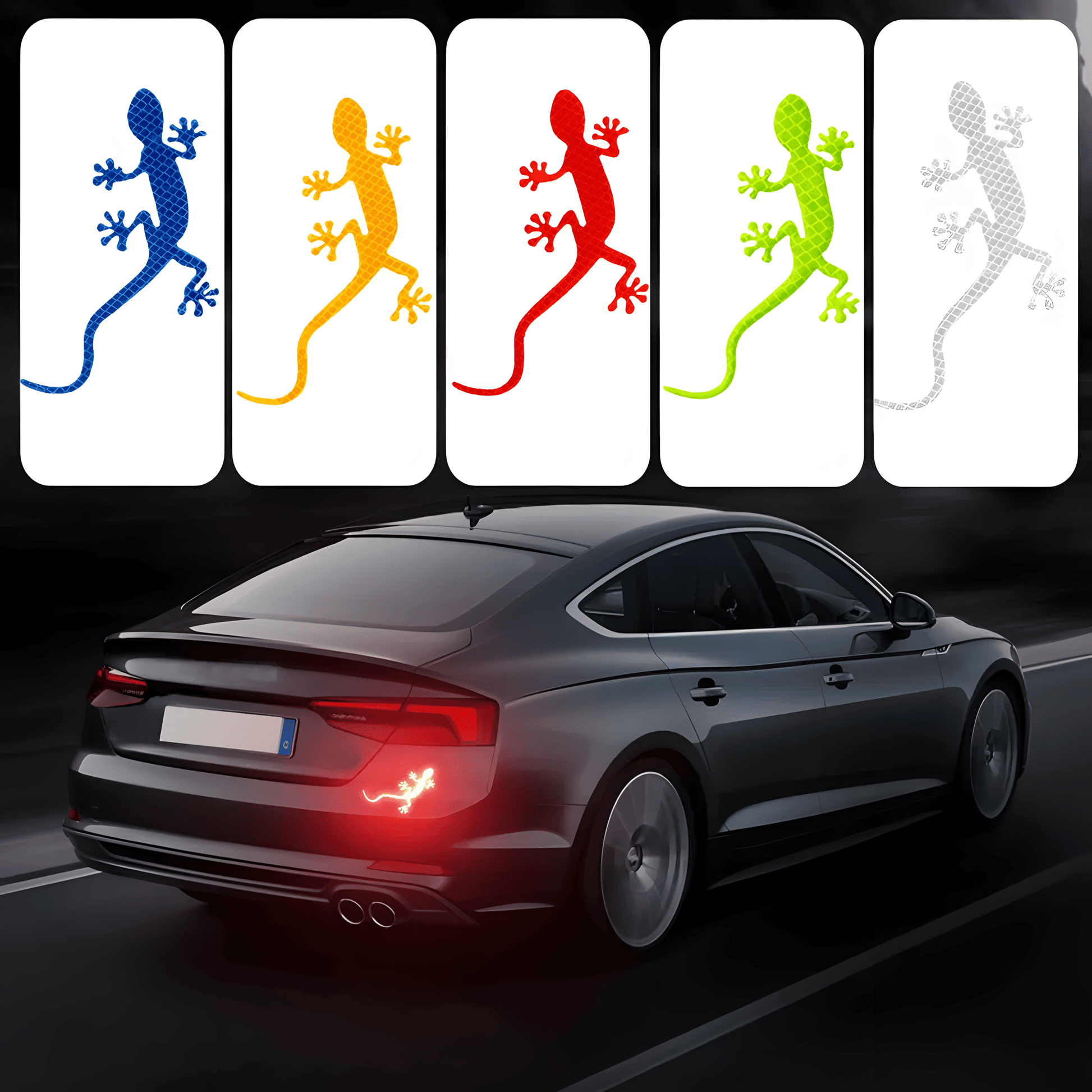 Image Name:
ChroMorpher Reflective Gecko Car Sticker – Multiple Colors & Night Visibility

Alt Text:
A reflective gecko car sticker available in blue, yellow, red, green, and white, designed to enhance vehicle visibility at night. The image showcases a car with the gecko decal applied to the rear bumper, glowing brightly under headlights. This waterproof, durable sticker improves safety while adding a unique decorative touch to any vehicle.