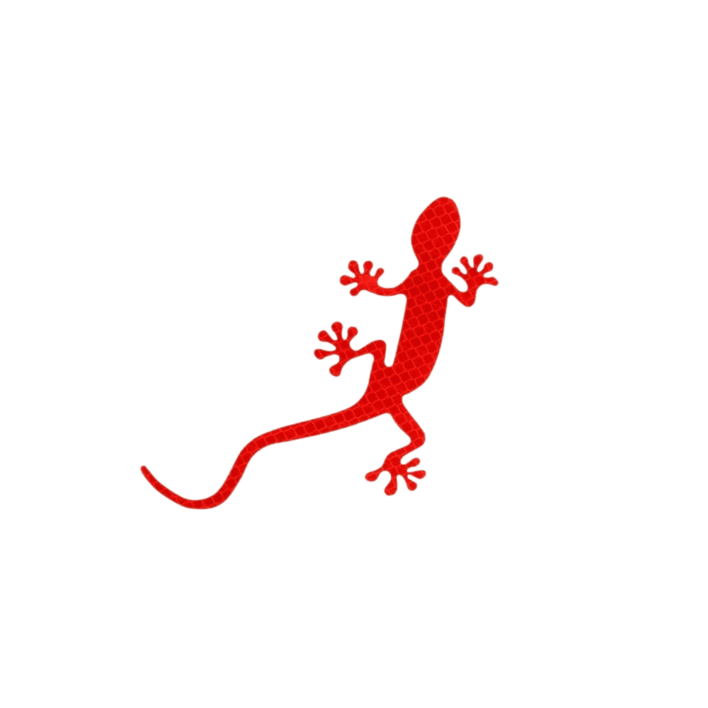 A red reflective gecko car sticker with a scaly texture, designed for enhanced night visibility and vehicle decoration. This waterproof, adhesive-backed decal can be applied to any vehicle surface, improving safety while adding a stylish, unique touch.