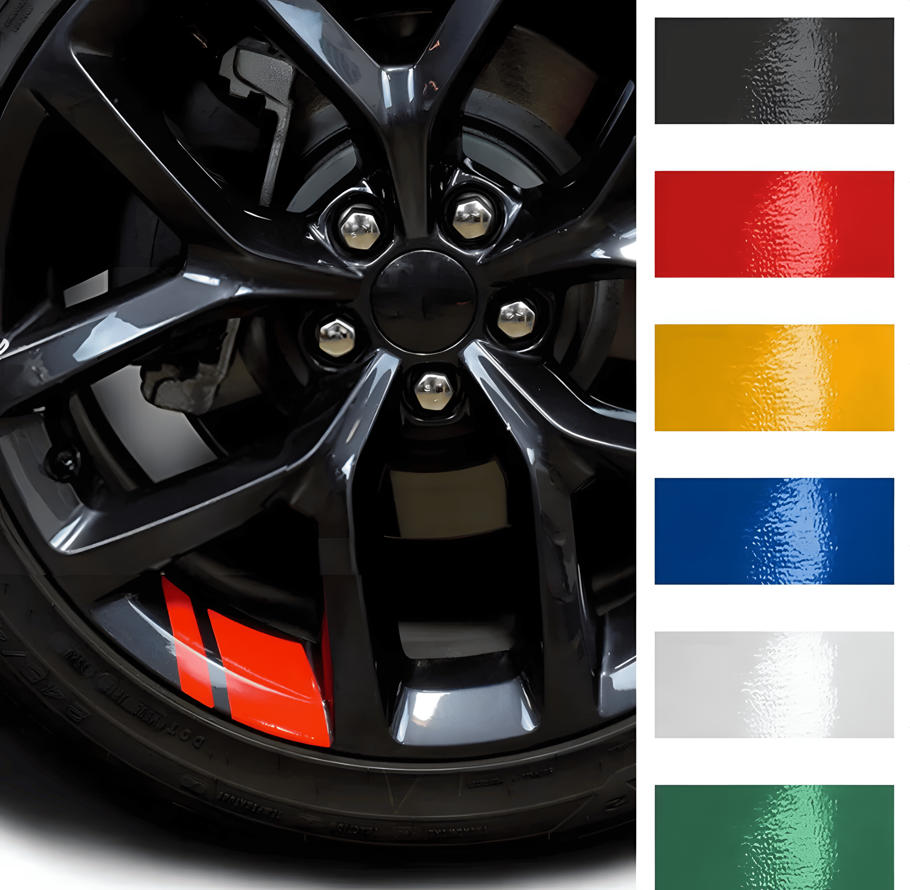 A set of reflective rim decal strips applied to a black wheel, enhancing its sporty look. Available in black, red, yellow, blue, white, and green, these waterproof and durable stickers fit 18'' - 21'' rims, improving both aesthetics and visibility at night.