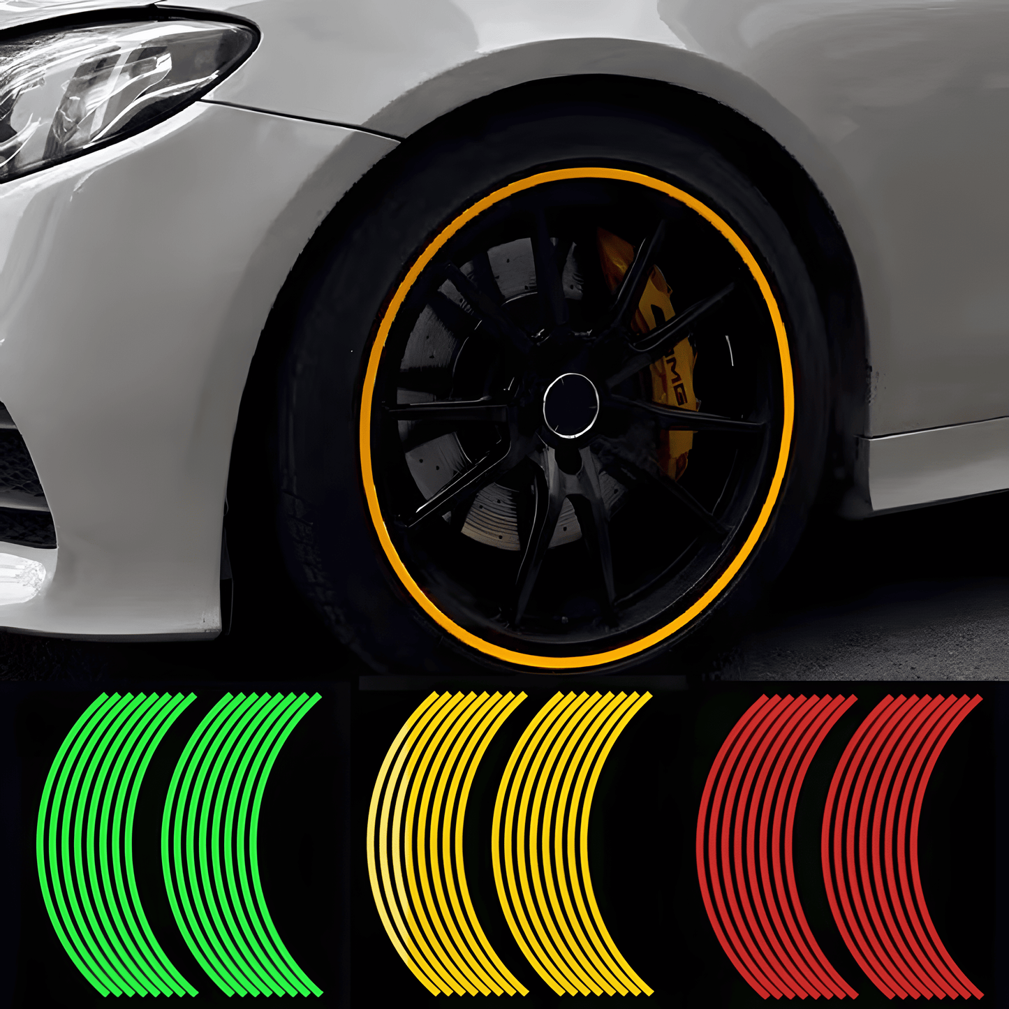 A sleek silver car with black wheels featuring ChroMorpher Reflective Rim Stripe Decals in vibrant yellow. Below the main image, additional rim stripe colors in green, yellow, and red are displayed. These decals enhance both style and nighttime visibility for cars and motorcycles.
