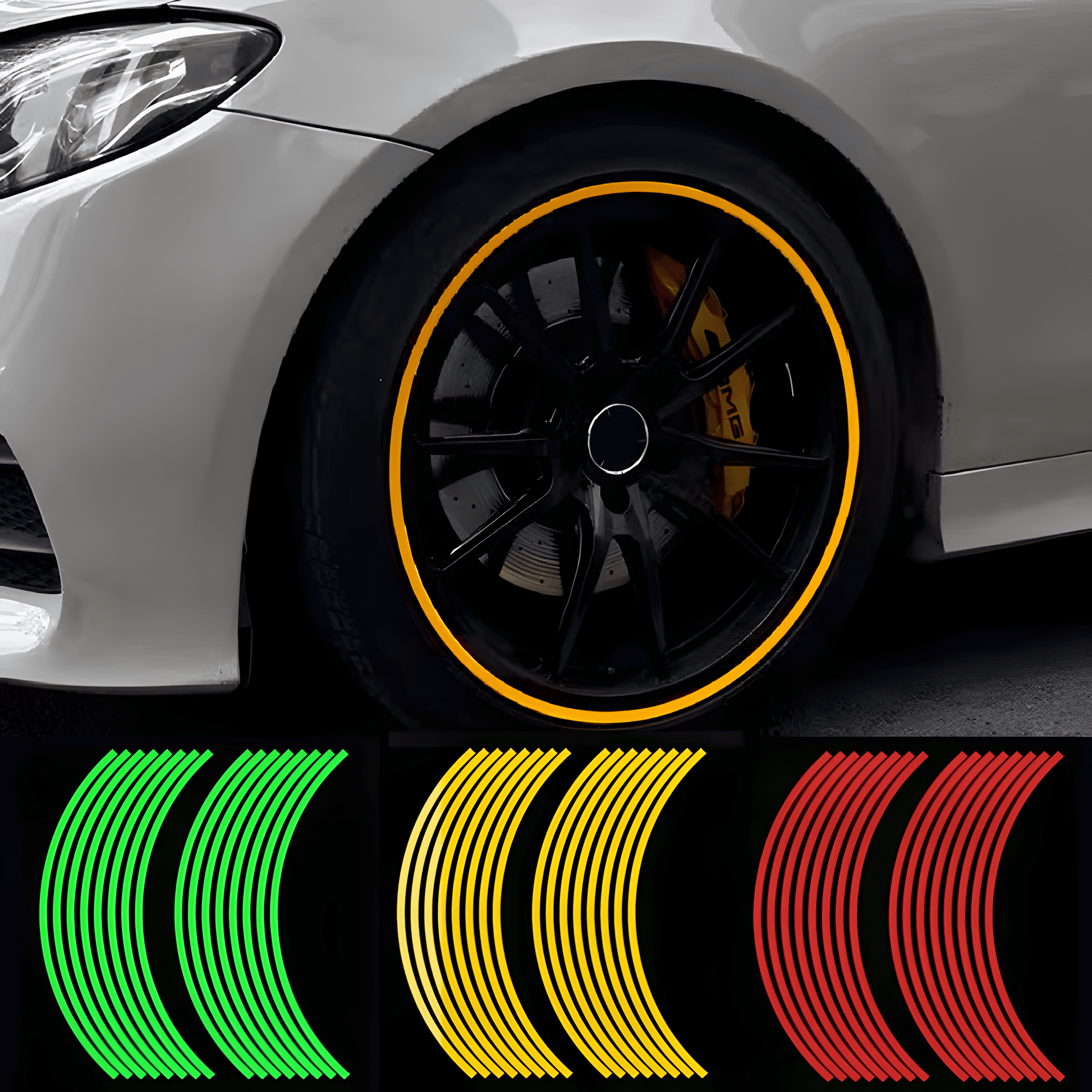 A sleek silver car with black wheels featuring ChroMorpher Reflective Rim Stripe Decals in vibrant yellow. Below the main image, additional rim stripe colors in green, yellow, and red are displayed. These decals enhance both style and nighttime visibility for cars and motorcycles.