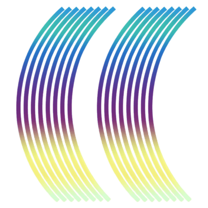 A set of ChroMorpher Reflective Rim Stripe Decals in a stunning holographic finish. These durable, weatherproof decals shift colors under different lighting, adding a unique and eye-catching effect to car and motorcycle wheels while improving nighttime visibility.