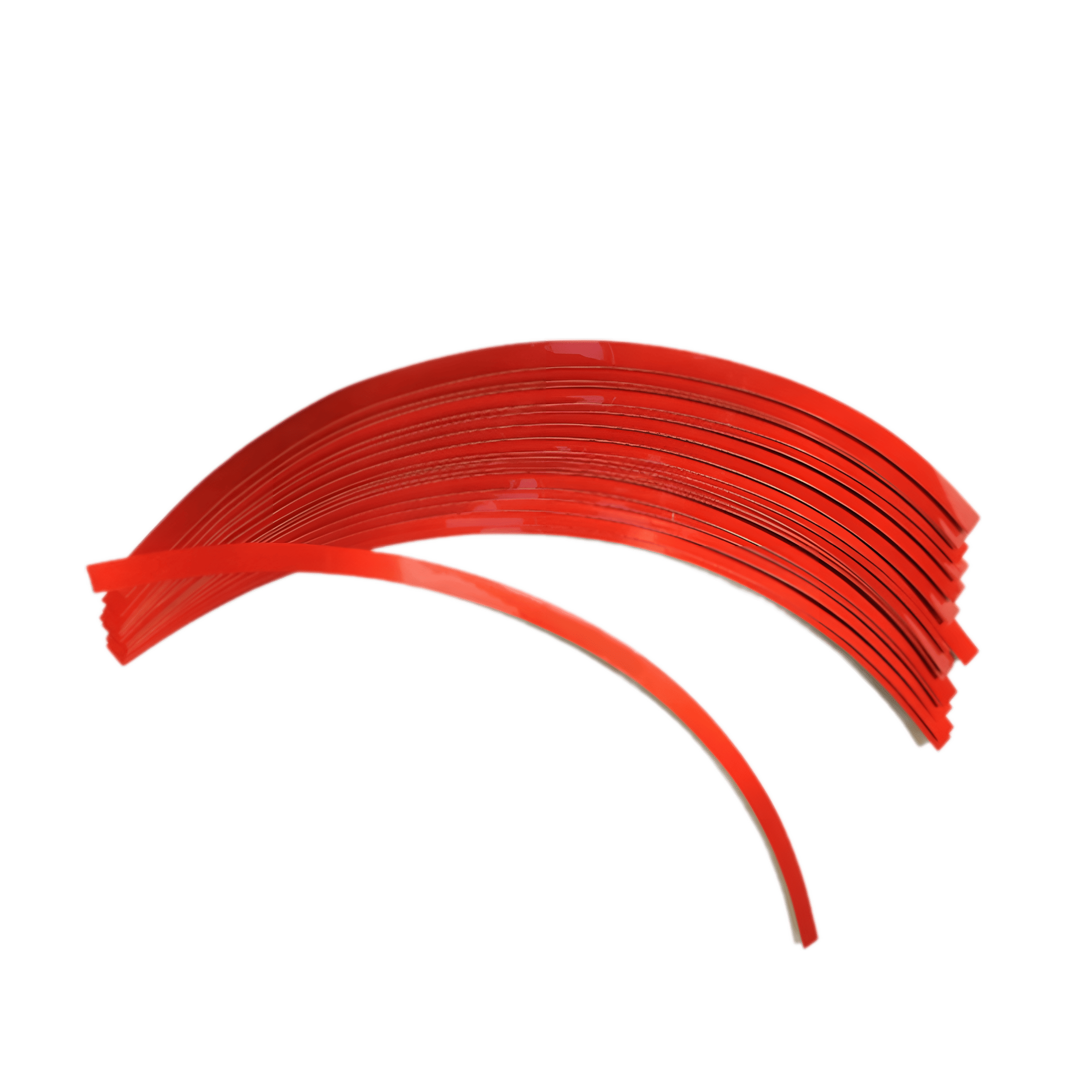 A set of red ChroMorpher Reflective Rim Stripe Decals designed for enhancing wheel aesthetics and visibility. These pre-cut, curved vinyl strips offer a sleek, high-performance look and improved nighttime safety.