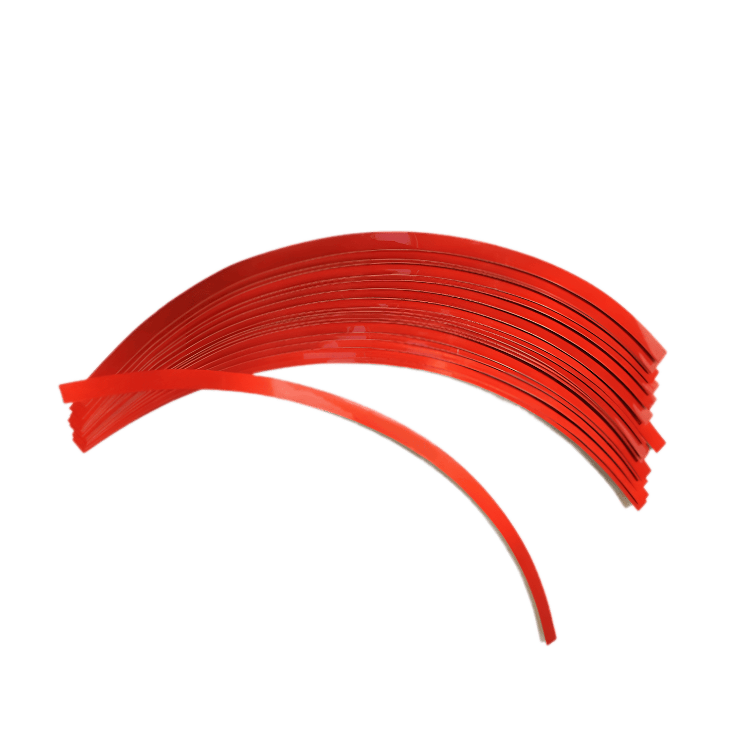 A set of red ChroMorpher Reflective Rim Stripe Decals designed for enhancing wheel aesthetics and visibility. These pre-cut, curved vinyl strips offer a sleek, high-performance look and improved nighttime safety.