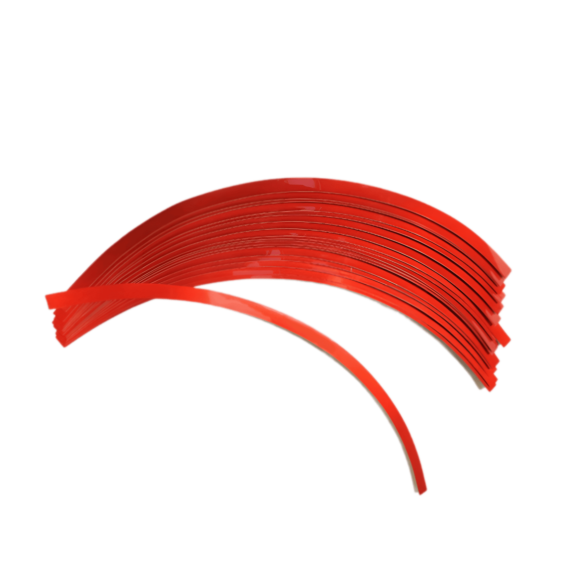 A set of red ChroMorpher Reflective Rim Stripe Decals designed for enhancing wheel aesthetics and visibility. These pre-cut, curved vinyl strips offer a sleek, high-performance look and improved nighttime safety.