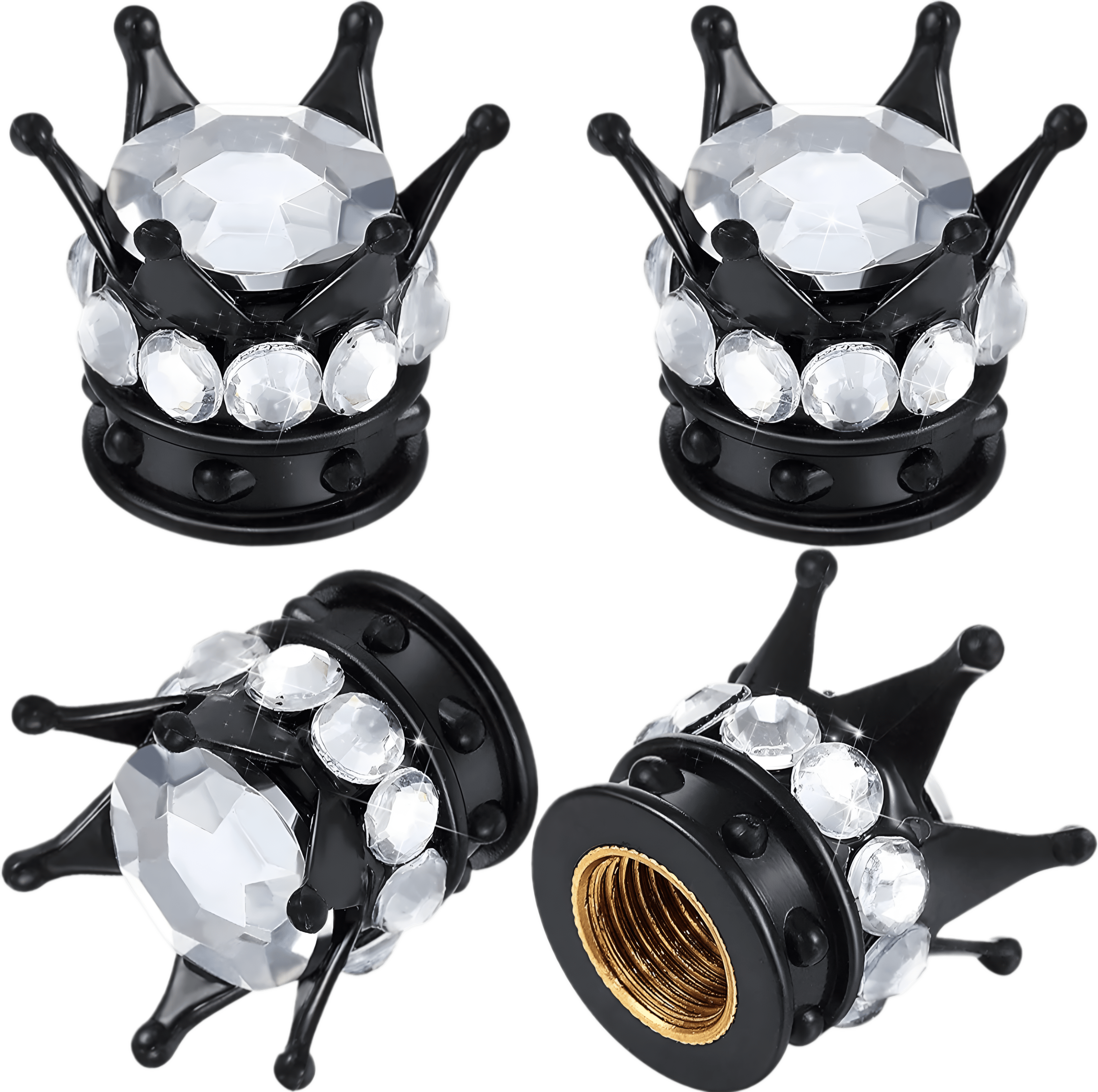 Elegant black crown-shaped tire valve caps adorned with sparkling white rhinestones. These premium valve covers provide protection against dust and air leaks while adding a sophisticated, regal charm to any vehicle, including cars, motorcycles, and SUVs.
