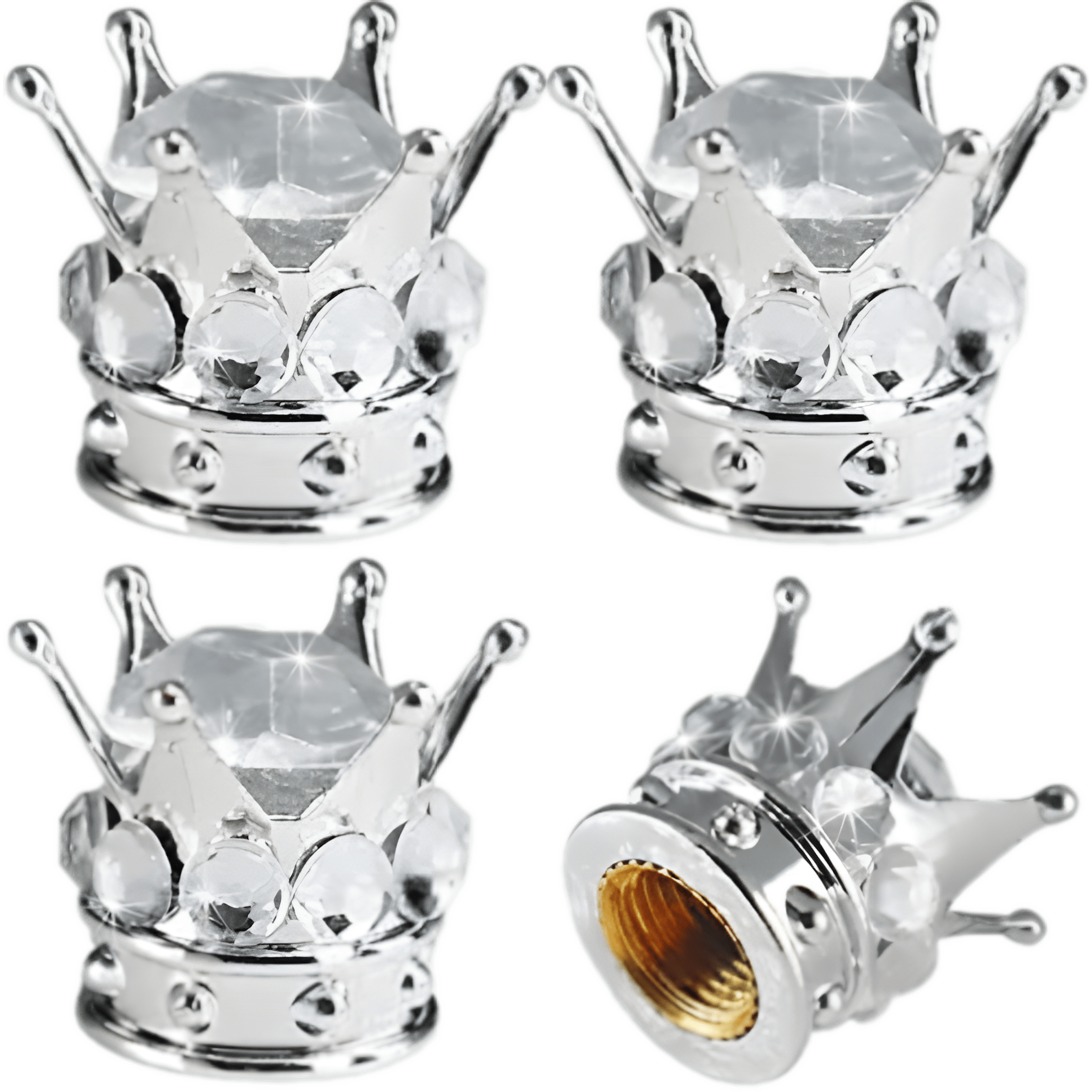 Elegant white crystal crown-shaped tire valve caps with dazzling rhinestones. These stylish and protective valve covers prevent dust and air leaks, adding a luxurious touch to any car, motorcycle, SUV, or truck.
