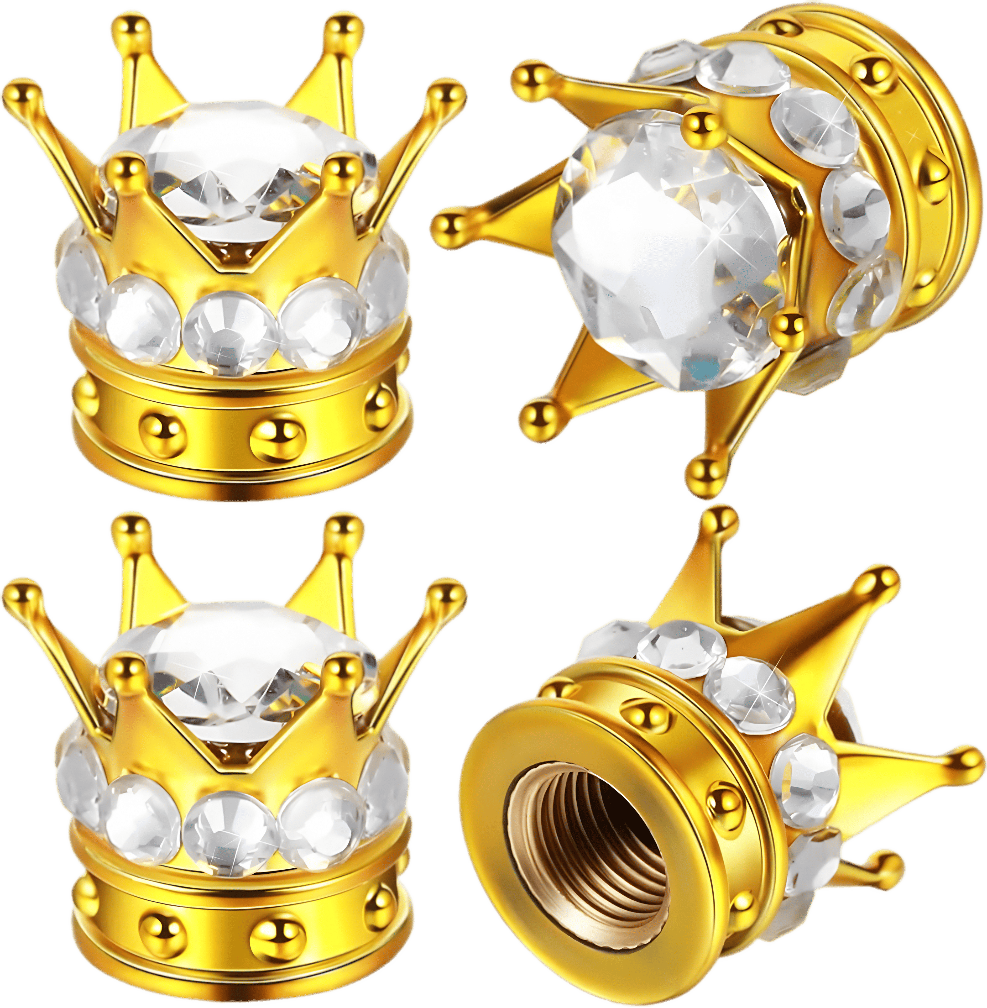 Luxurious gold crown-shaped tire valve caps embellished with dazzling white rhinestones. These premium valve covers not only protect against dust and air leaks but also add a majestic and stylish touch to any vehicle, including cars, motorcycles, and SUVs.
