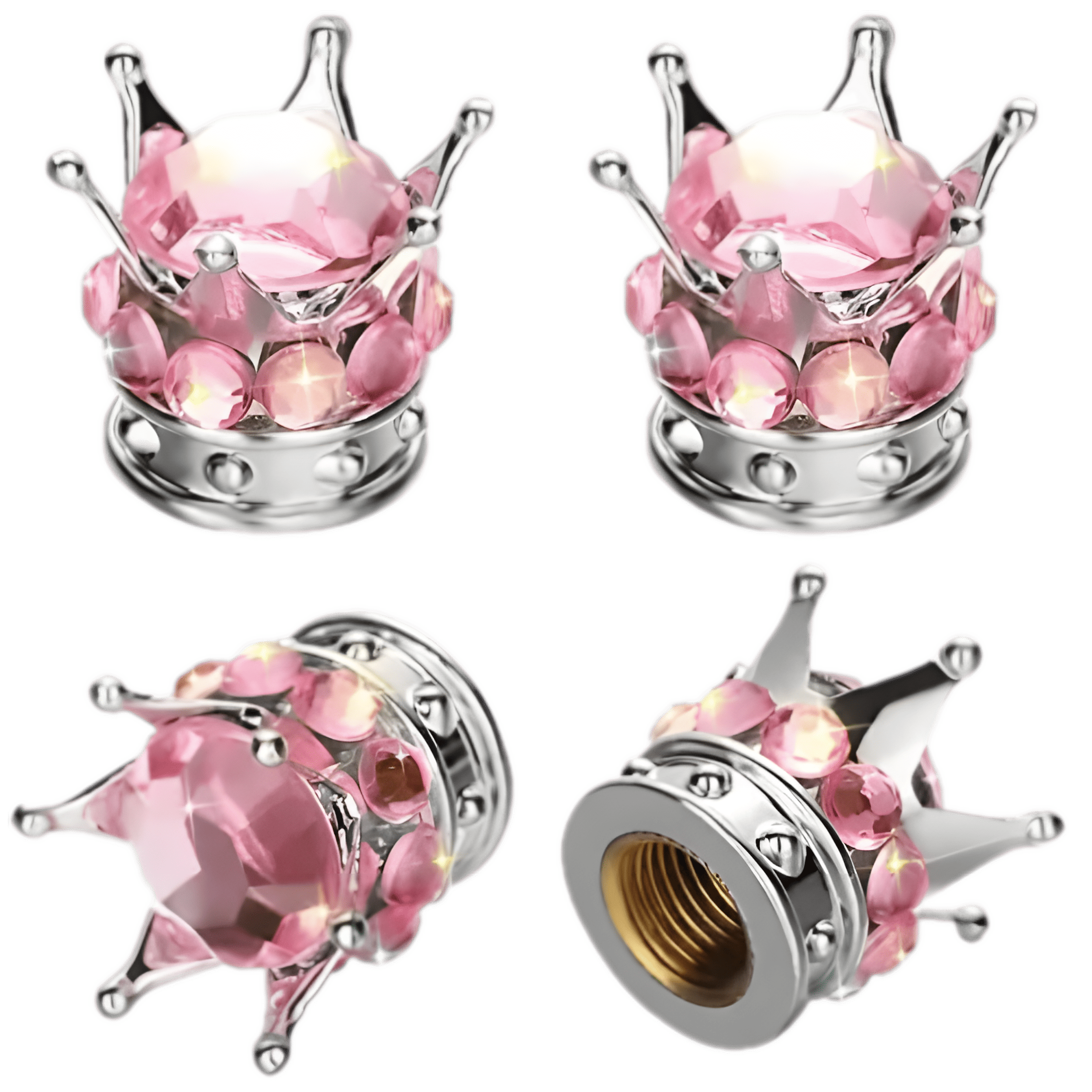 Elegant light pink crown-shaped tire valve caps with dazzling rhinestone accents. Stylish and functional dustproof and leakproof valve covers for cars, motorcycles, SUVs, and trucks, adding a luxurious and feminine touch to your wheels.